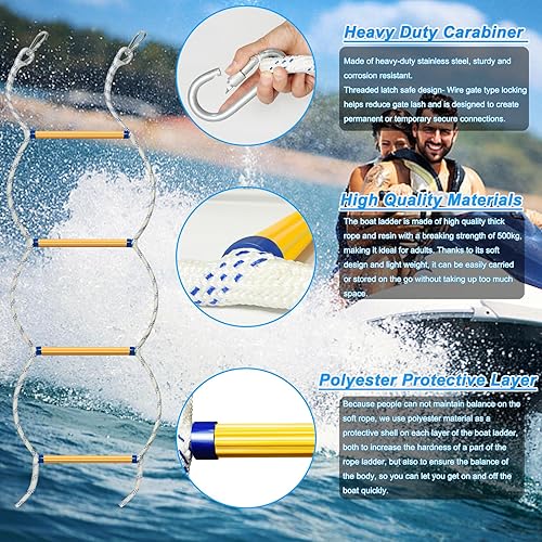 Miniatura 3 de Escalera para lancha inflable, kayak, lancha motora, escalera de cuerda para lancha, capacidad de carga de 400 libras, 4 escalones