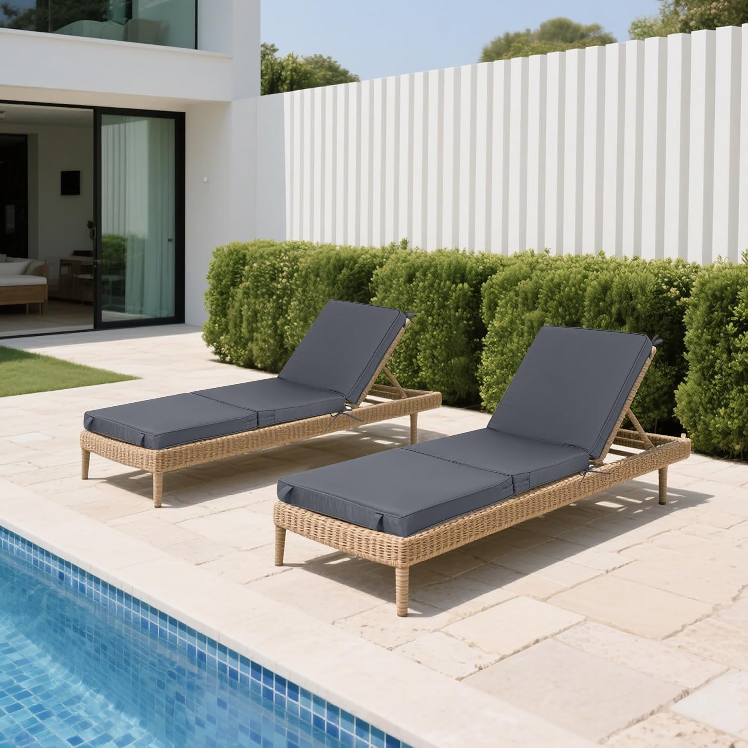 Chaise Lounge Cushions Outdoor Set of 2, Tri-Fold Lounge Chair Cushion with Hook & Loop Fasteners, Water Resistant Patio Furniture Replacement Cushion for Outdoor Pool, 71''L x 23.6''W x 3''T (Grey)