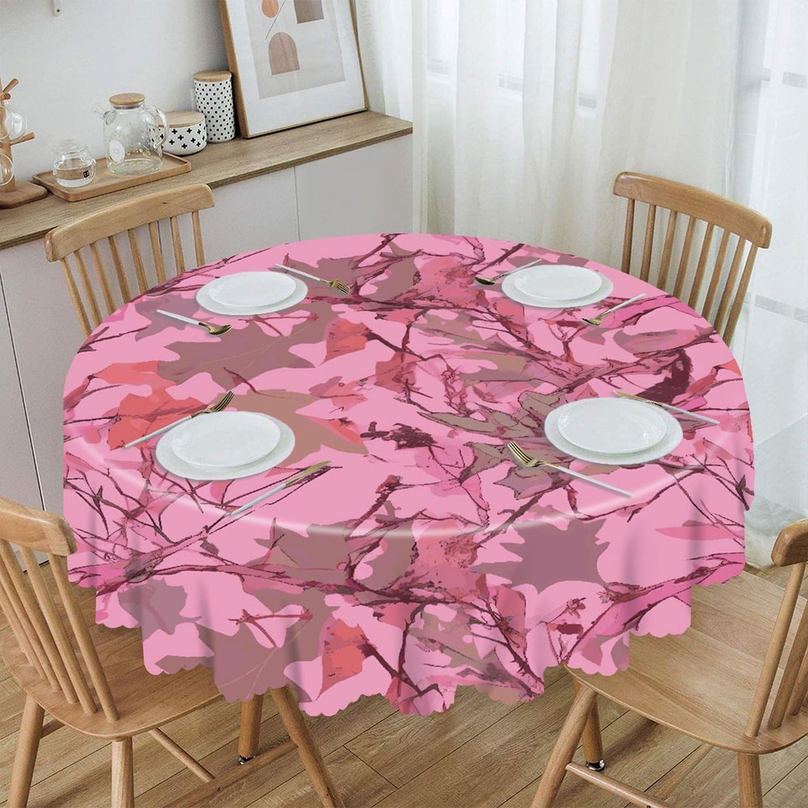 FekiLoot Pink Leaves Camo Round Tablecloths 60 Inch Resistant Washable Polyester Table Cloth Style Decorative Circle Fabric Table Cover for Dining Kitchen Party Farmhouse Outdoor