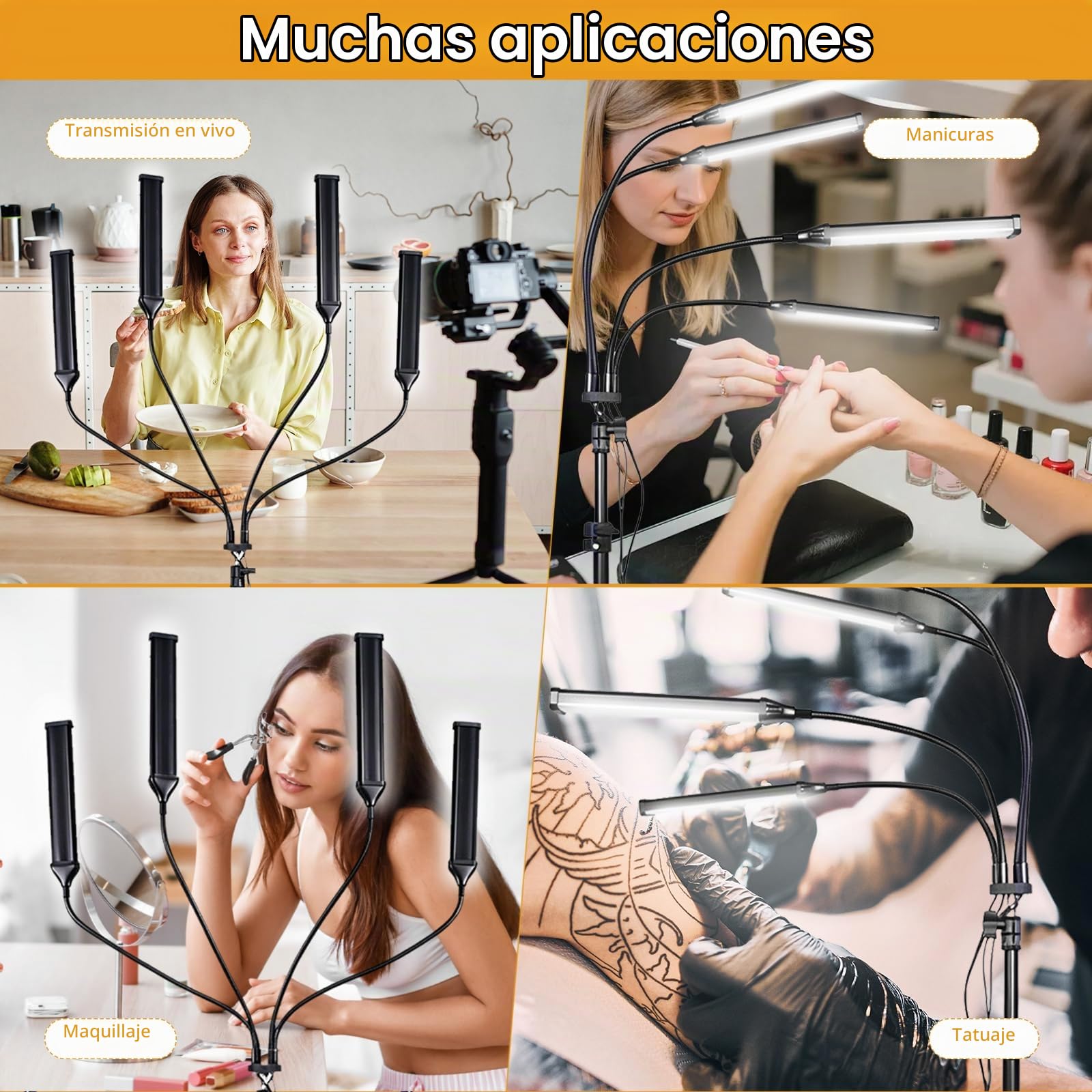 Luces LED Regulables para Fotografía, Lámpara Cosmética de Cuatro Brazos con Trípode y Soporte para Teléfono para Maquillaje, Pestañas, Cejas, Tatuaje, Manicura, Stream, Fotografía de Producto