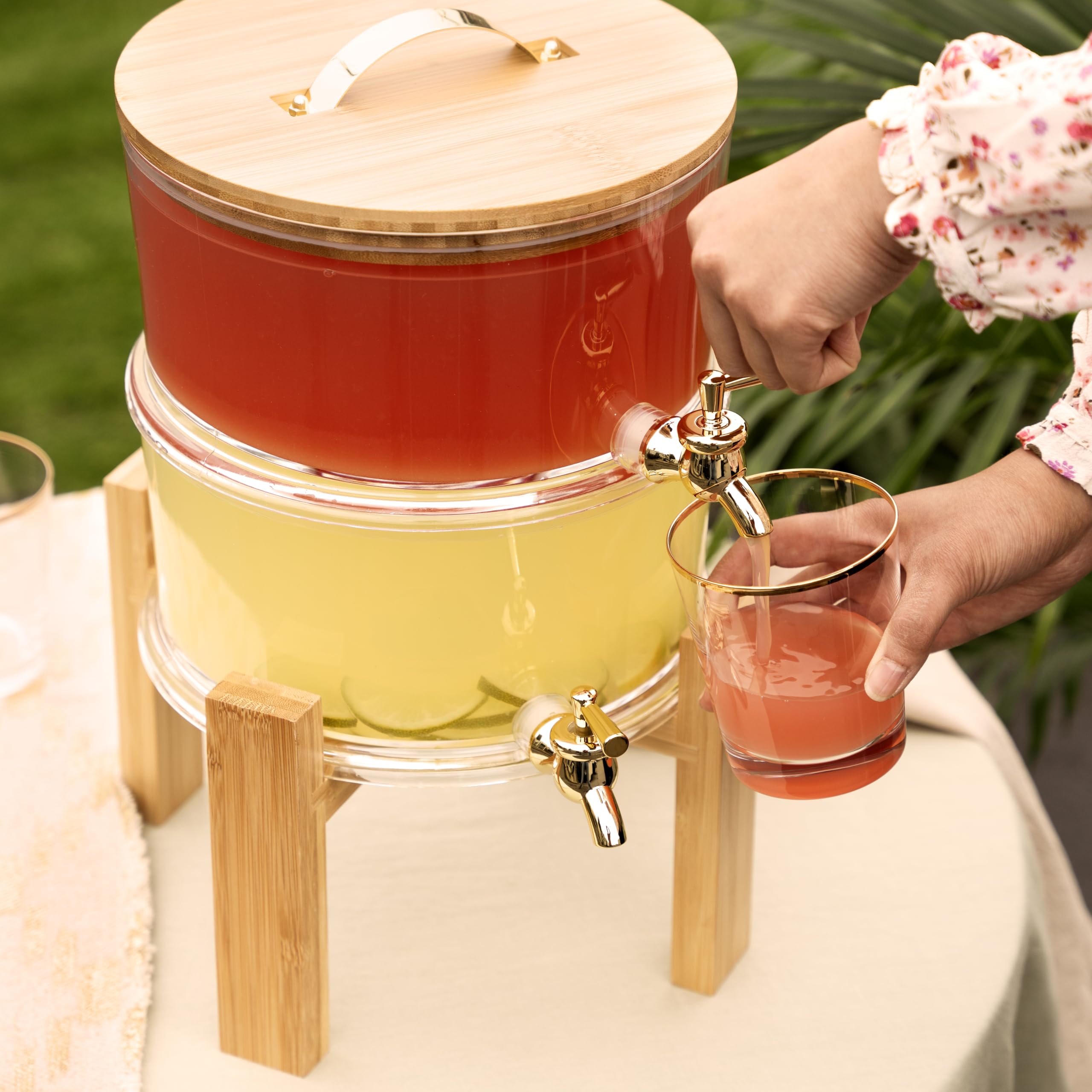 Twine Doble para exteriores, grifo de bebidas, fiestas de cóctel con soporte plegable de madera, dispensador apilable, juego de 1, transparente