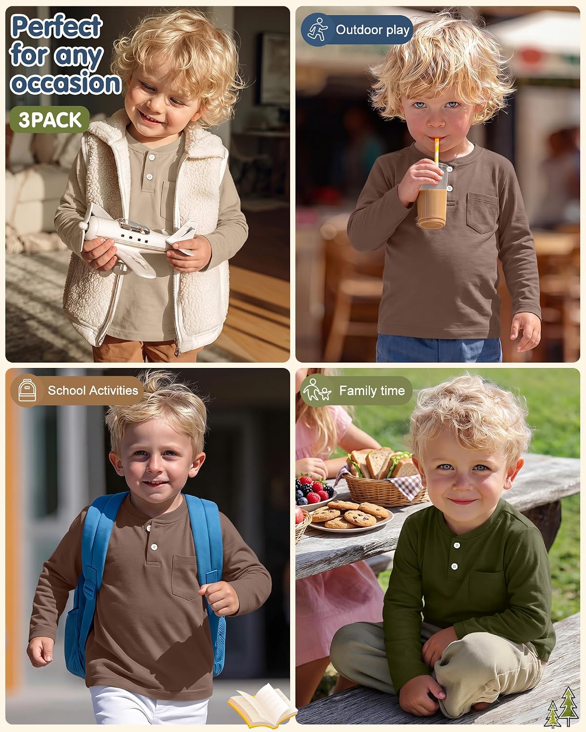 3 Pack Toddler Boy Long Sleeve Henley Tops 18M-5T