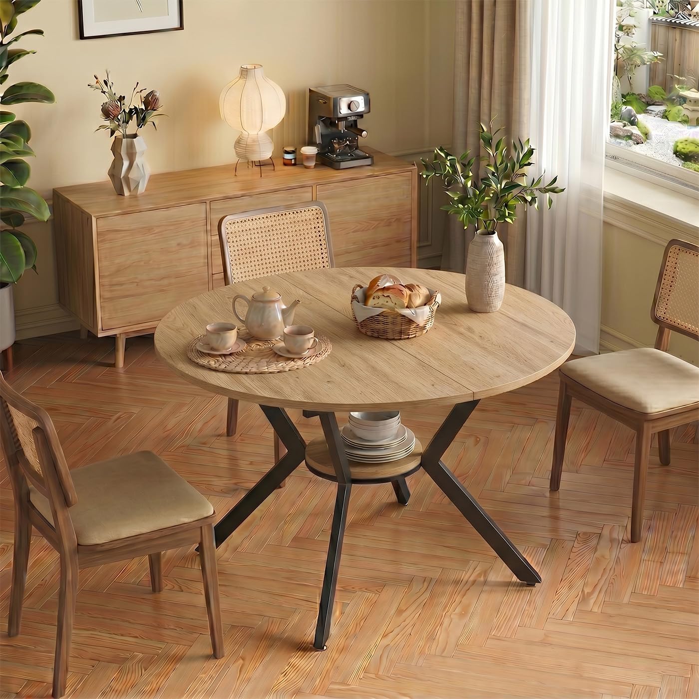 Esstisch Rund Ausziehbar, 100-140cm Rund Küchentisch Holz, Esszimmertisch Oval mit Teleskopfunktion, Wohnzimmertisch Erweiterbar mit Offenen Ablagen für Küche, Esszimmer und Wohnzimmer