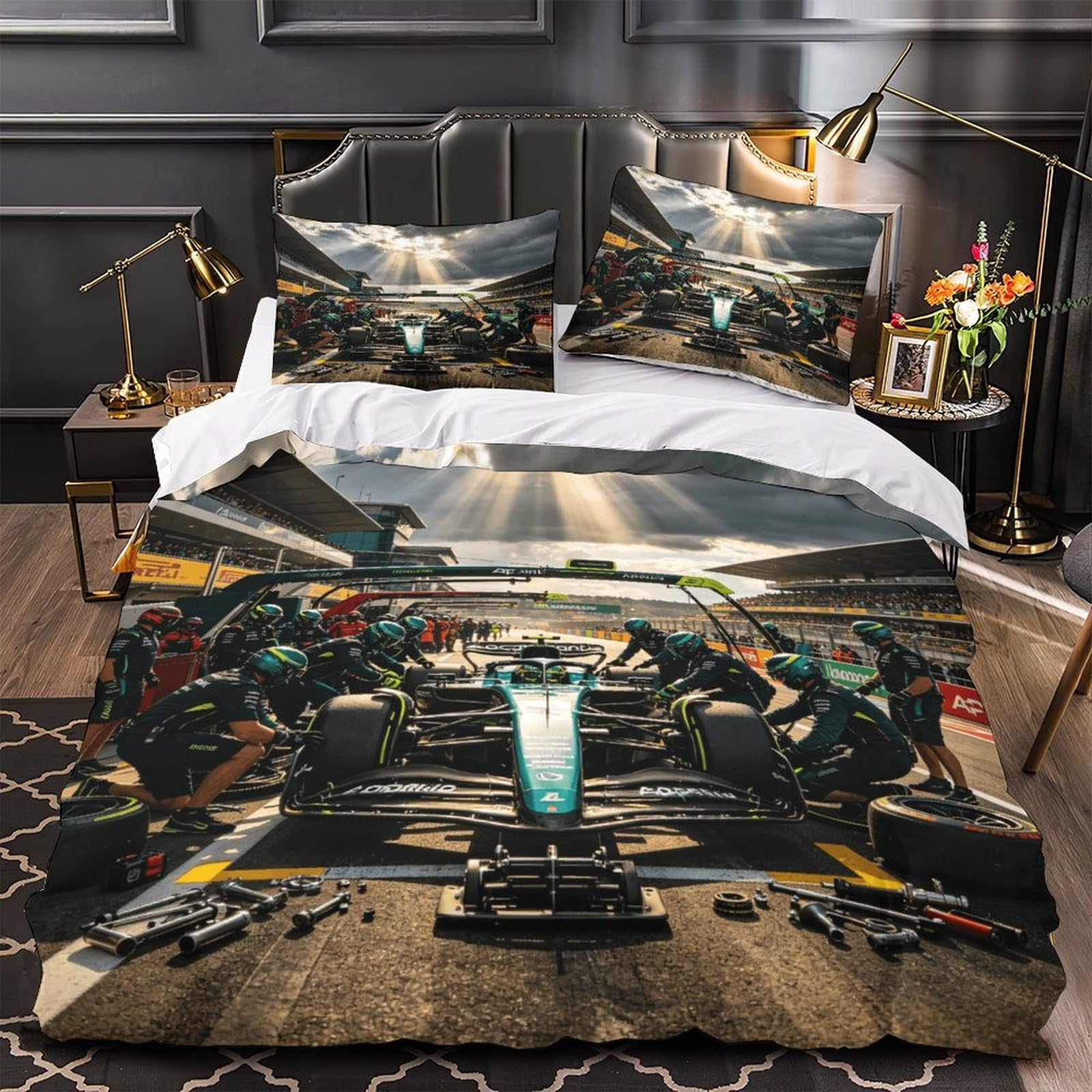 DAFUfbw Formulaa Racing Duvet Cover Single（135x200cm）, 3D Pattern Pit Stop Bedding Set Hypoallergenic Quilt Cover with Hidden Zipper, Breathable