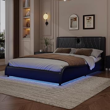 Queen Size Modern Faux Leather Upholstered Platform Bed with RGB LED Lights and Headboard Wave Like Curve Low Profile Bed Frame, Wood Slats Support, Easy Assembly No Box Spring Required Black, Queen