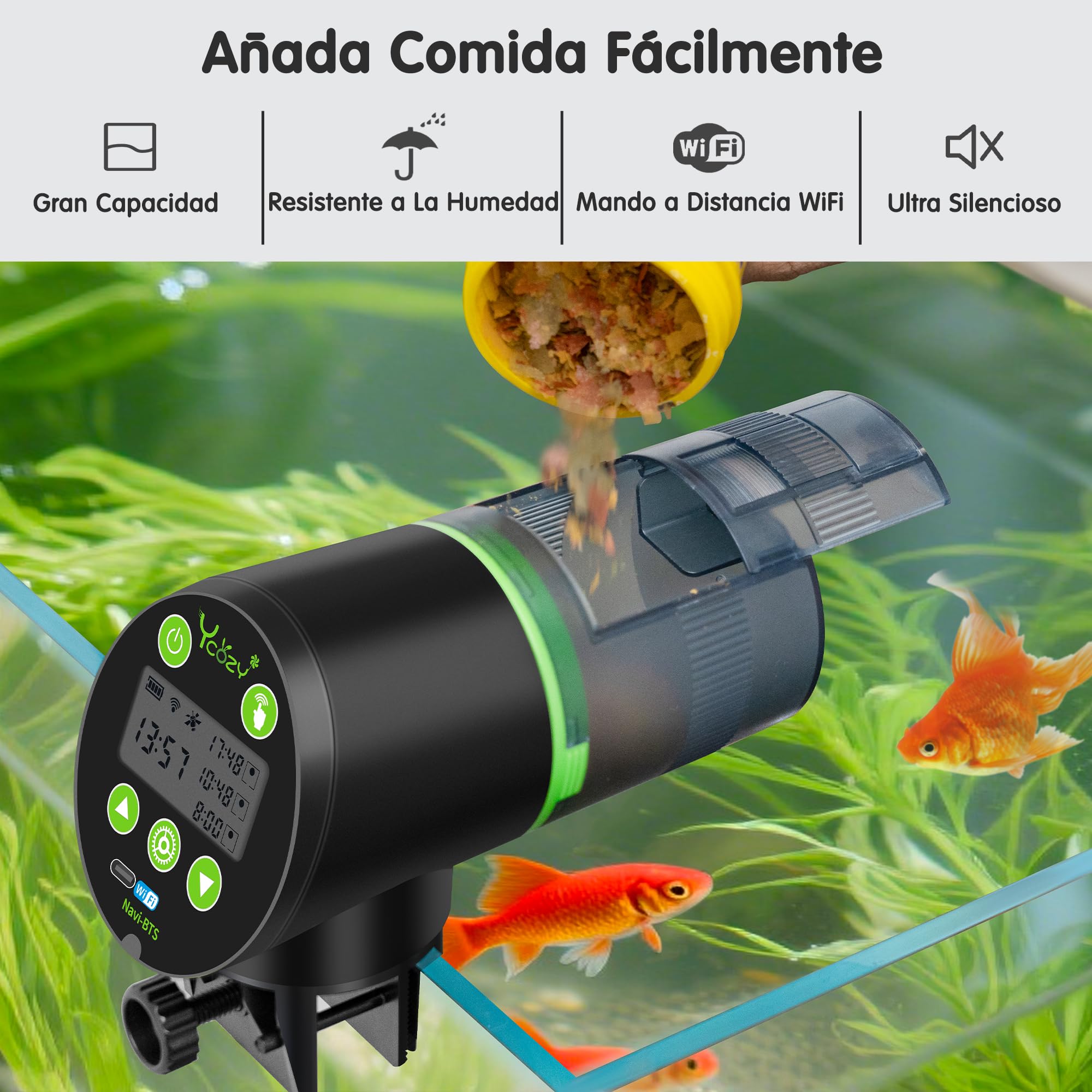 Ycozy WiFi Comedero Automatico Peces con Enchufe y Cable USB-C, Comedero Acuario Automatico por Enchufe Automático de Comida con Mando Distancia App y Pantalla LCD | Navi-BTS