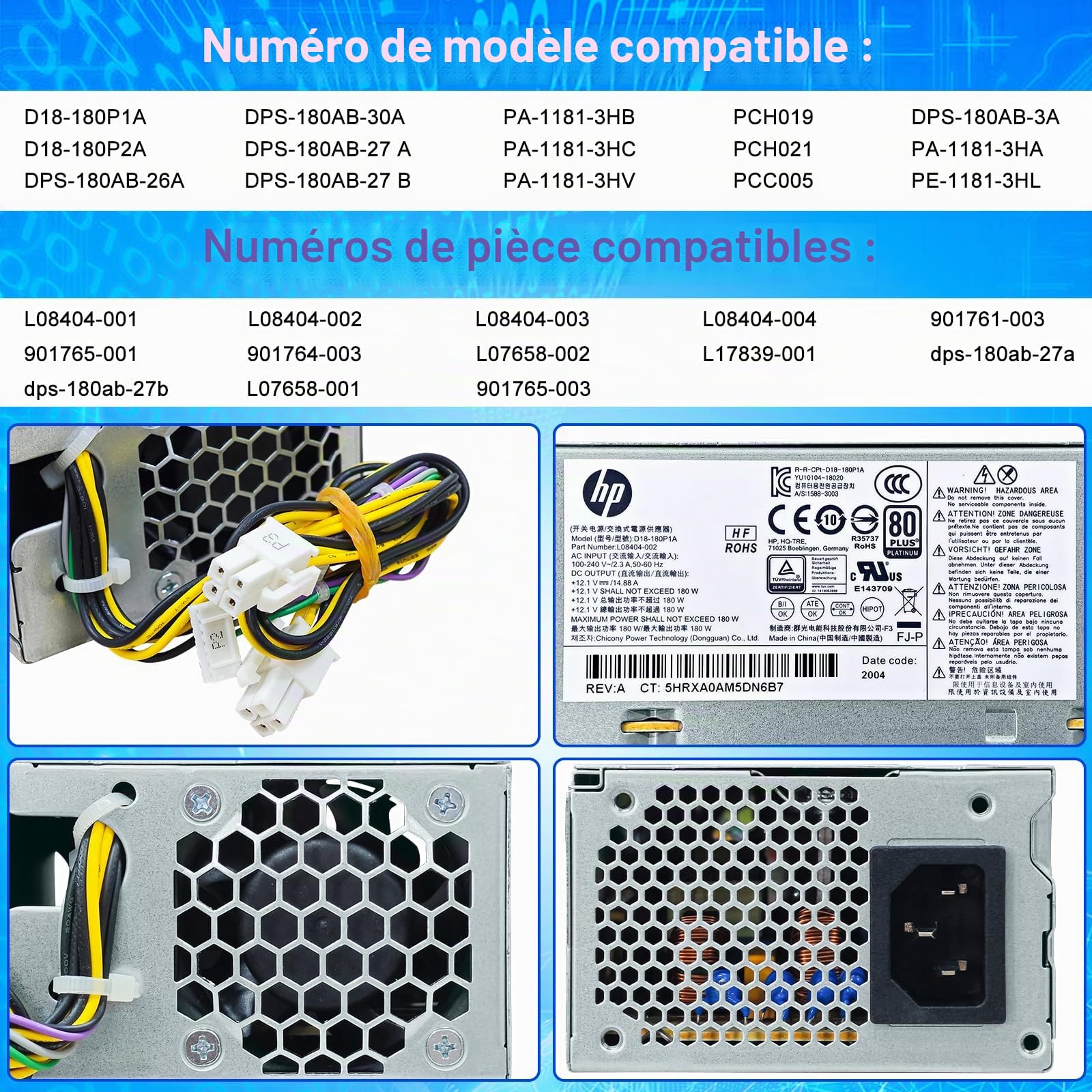 Bloc d'alimentation D18-180P1A L08404-002 180 W L07658-003 compatible avec HP ProDesk 400 G5 SFF 600 G3 SFF,901764-003 L07658-001 PA-1181-3 HB DPS-18 Alimentation 0AB-30A 901765-003 D18-180P1A