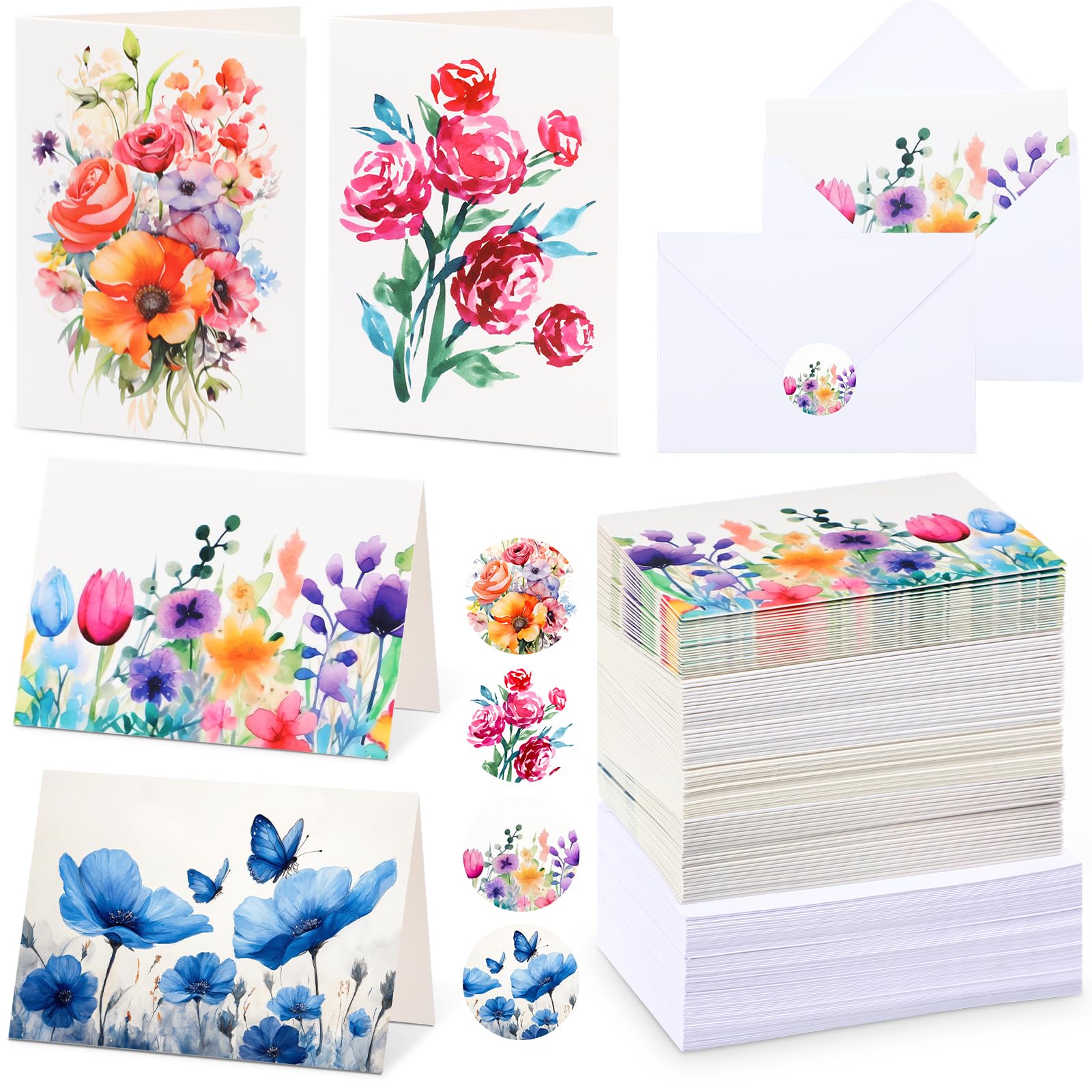 Photo 1 of Gueevin 96 Pcs Painted Flower Blank Cards with Envelopes and Stickers Bulk 3.5 x 5 Inch Watercolor Floral Blank Greeting Cards Notecards for Wedding, Party, Business, Invitations, Graduation