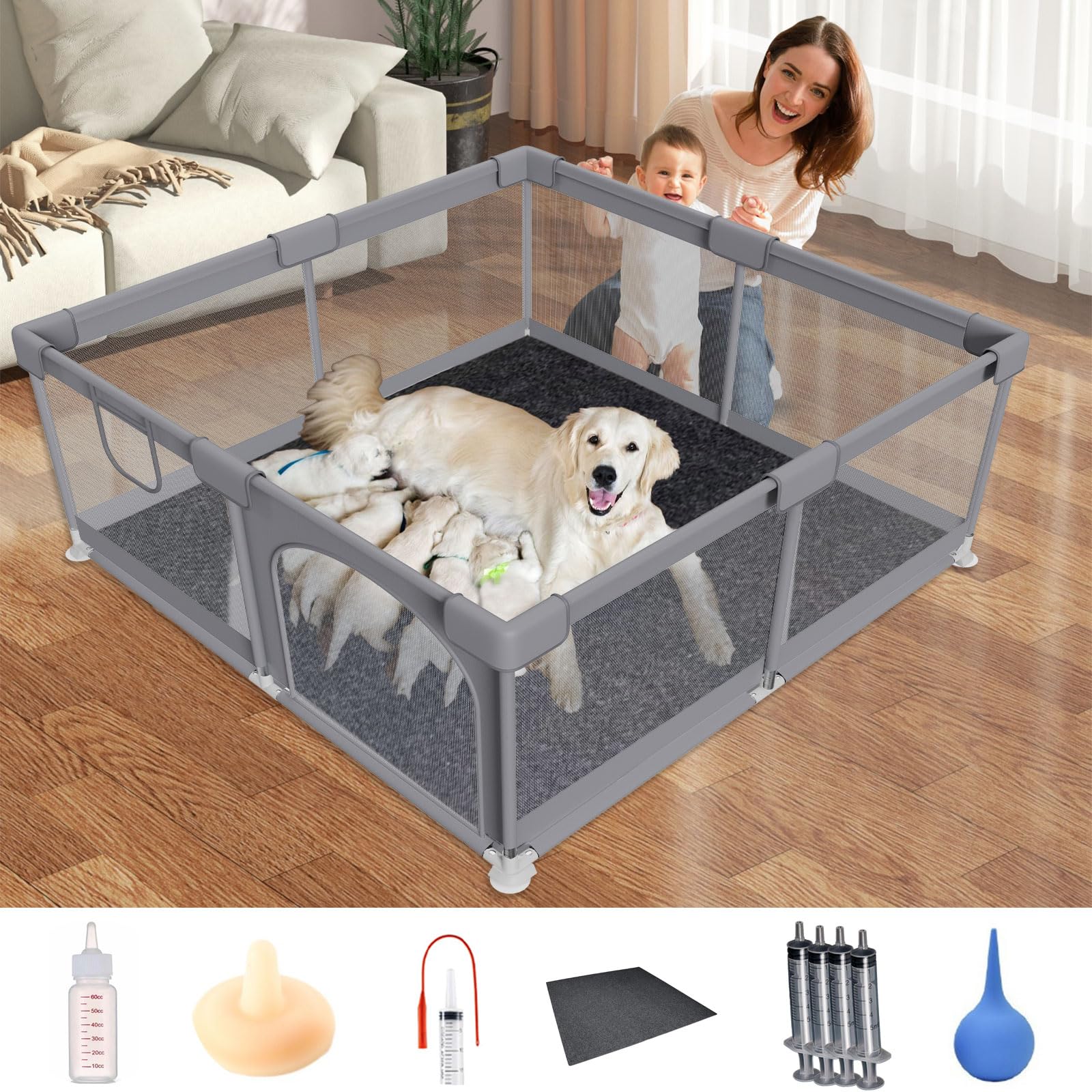 Whelping Box for Dogs, 50''x50''x26.5'', Sturdy Dog Playpen with Tear-Resistant Transparent Mesh Fabric, Include Sterile Mucus Extractor Catheter
