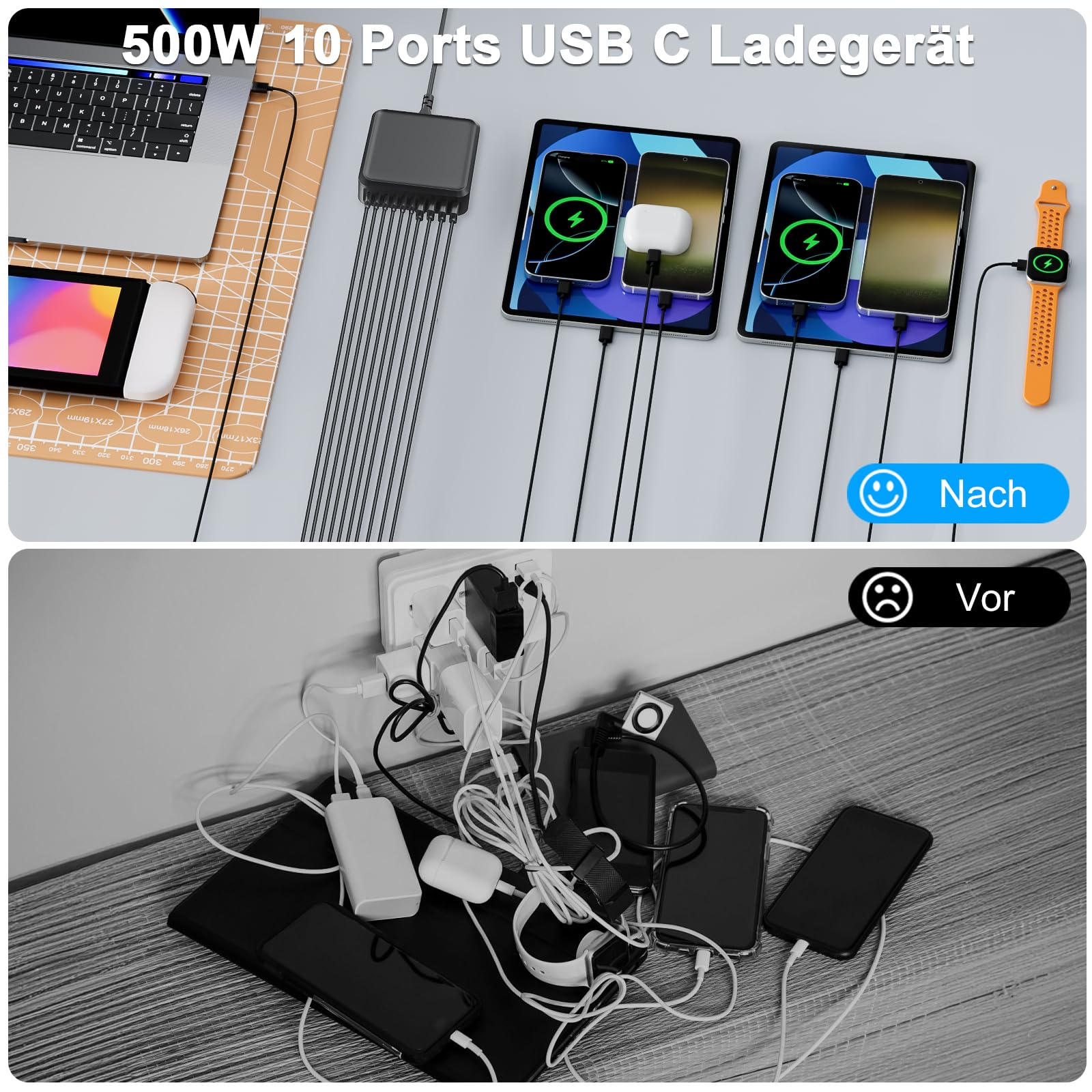 GaN V - Caricatore USB C multiplo, 500 W, 10 porte, caricatore rapido a 10 porte, compatibile con MacBook Pro/Air, iPad Pro/Air, iPhone, Android, ecc
