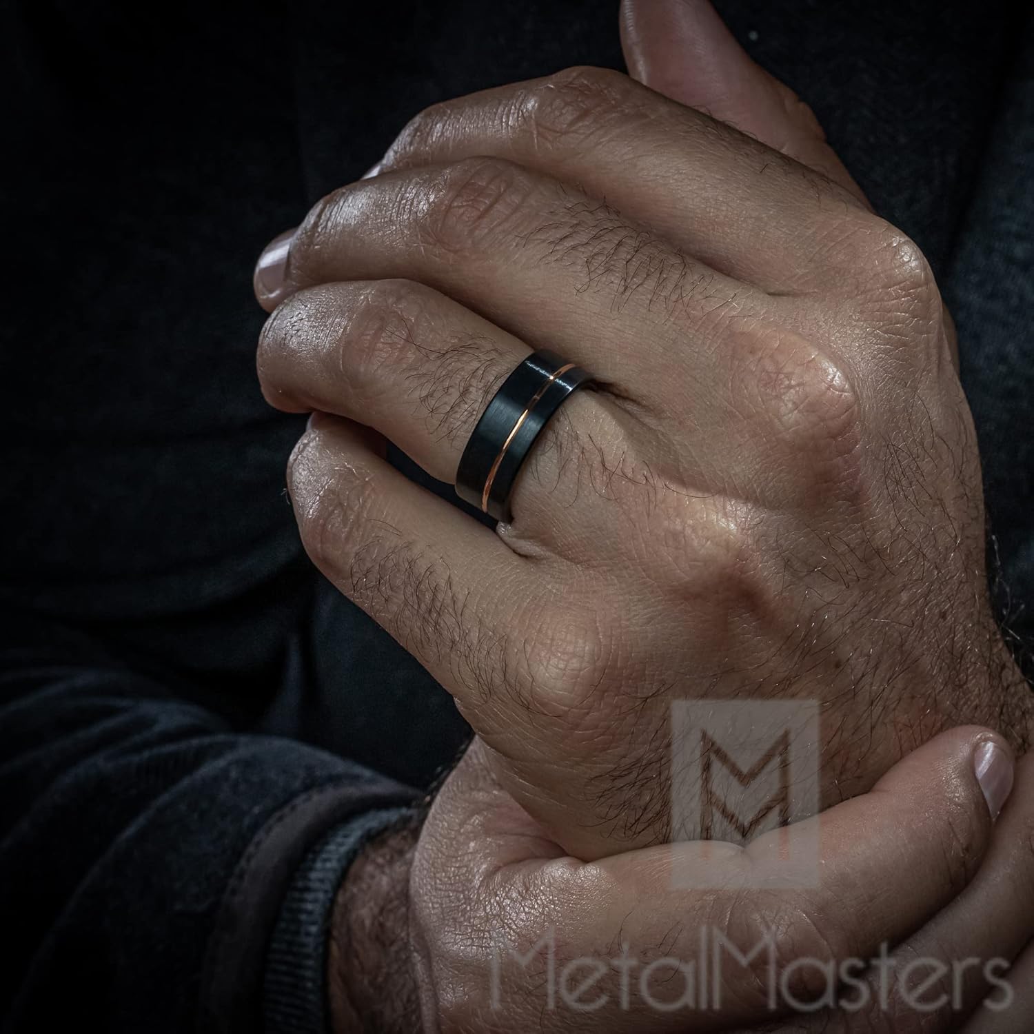 Metal Masters Co. Men's Black Tungsten Carbide Ring Wedding Band with Rose Goldtone Groove 8mm