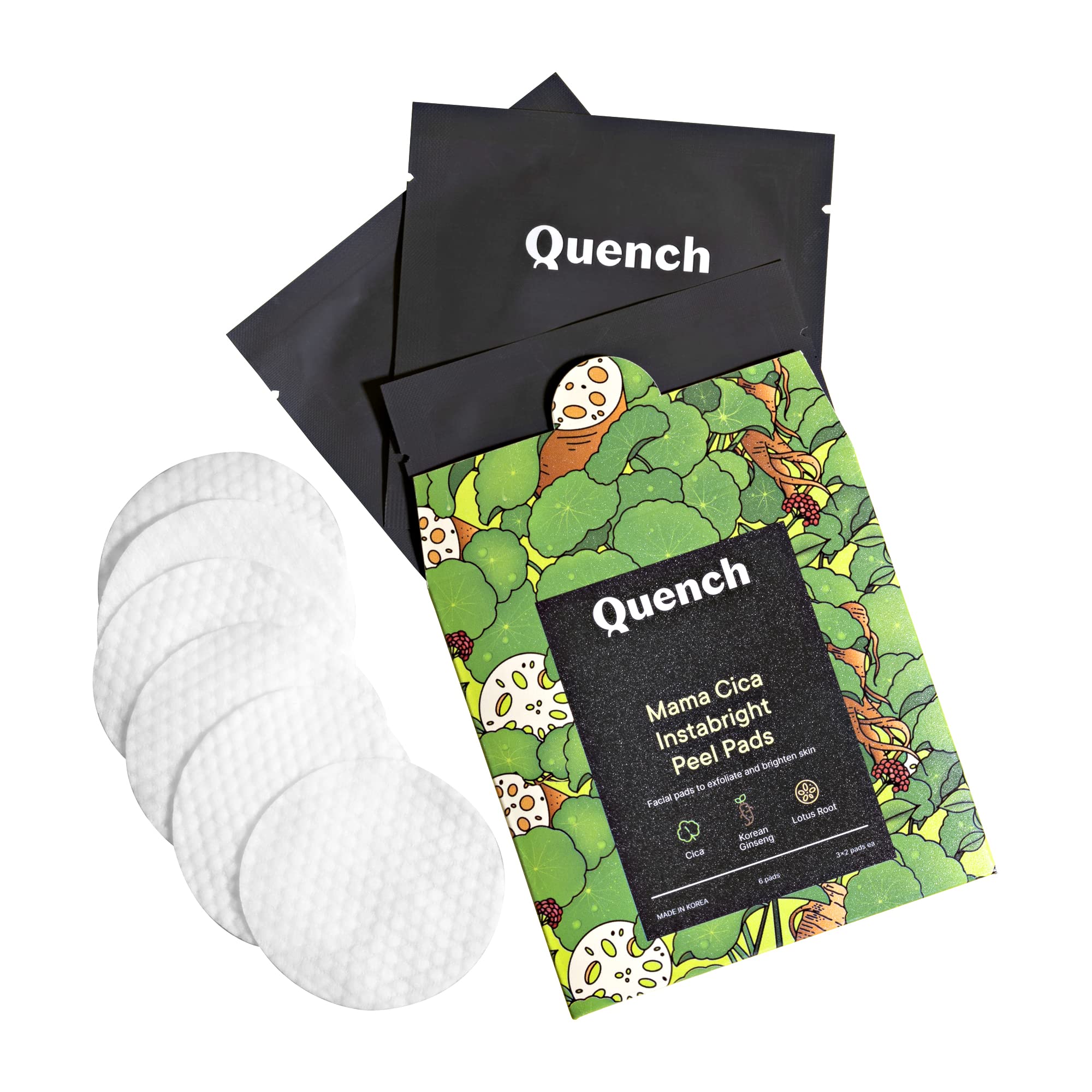 Quench Botanics Mama Cica Instabright Peel Pads | Korean Skin Beauty | Cleansing Pads | Cica, Korean Ginseng, Lotus Root, Papaya Extracts | Mini
