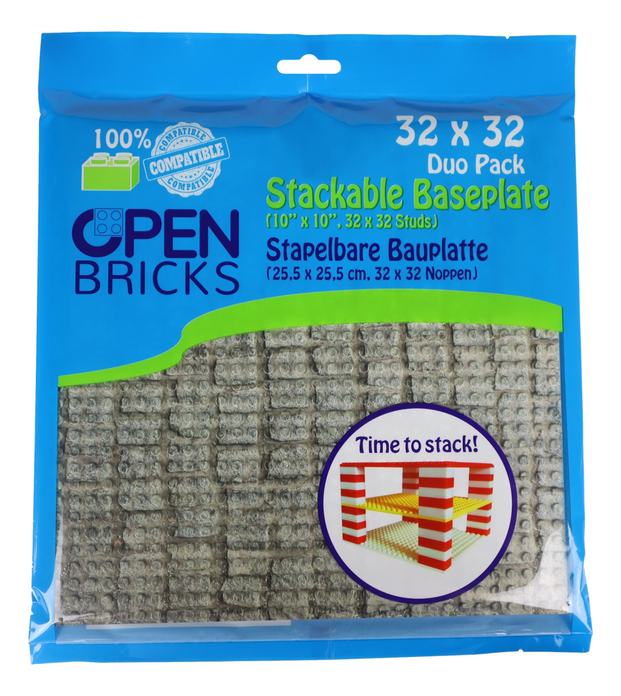 OPEN BRICKS Bauplatten Transparent – 2 Stück, 32x32 Noppen (25,5 X 25,5 Cm), Beidseitig Bebaubar, Marken-kompatibel