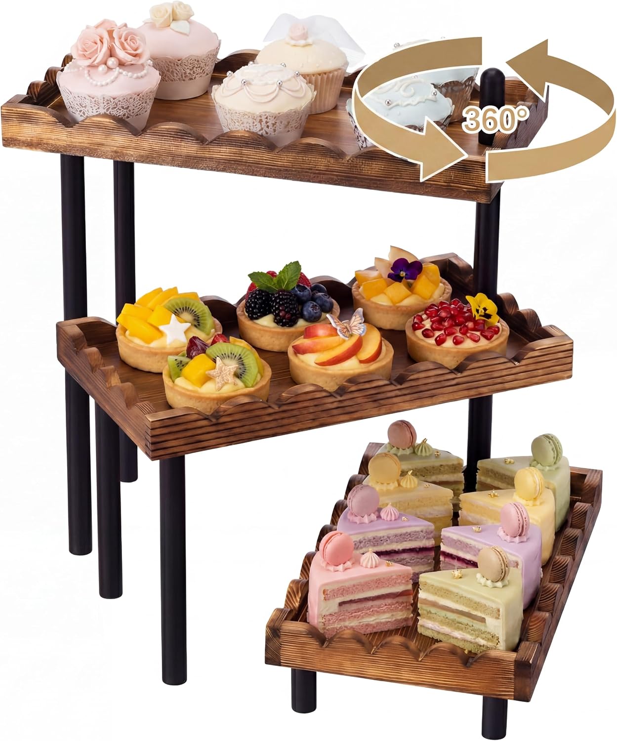 Wooden 3 Tier Cupcake Stand 360° Rotatable Dessert Stand for Party Large Food Table Display Rustic Tower Tiered Serving Tray Farmhouse Decor for Birthday, Wedding Baby Shower Tea Party