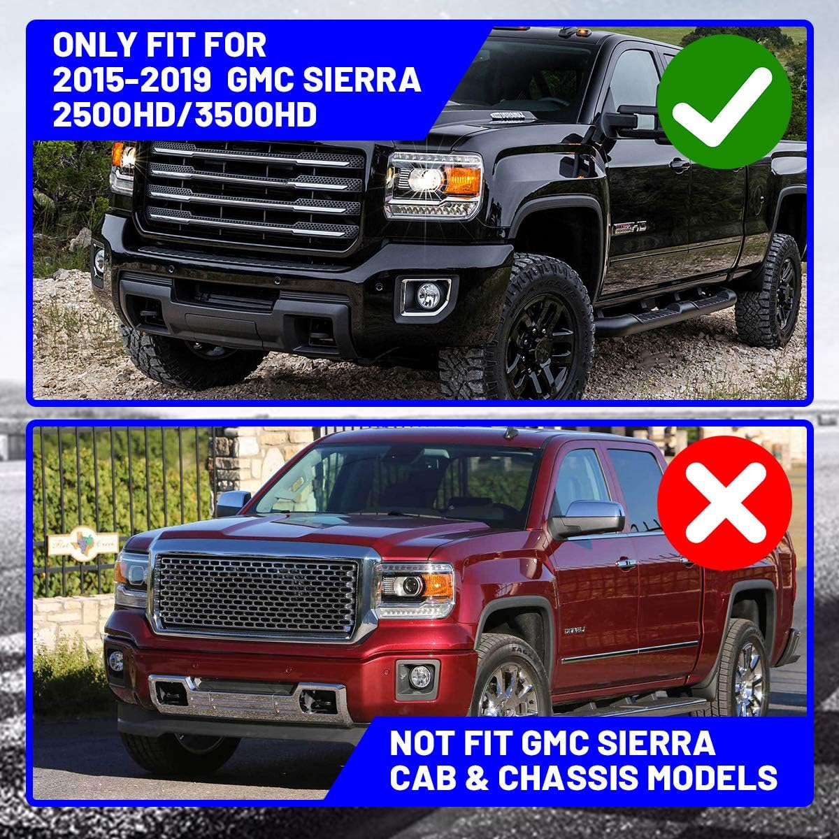 Driving Fog Lights Fit for GMC Sierra 2500HD/ 3500HD 2015-2019 with PS 12V 24W Bulbs Fog Lamps Replacement Included Wiring Kits & Switch-1 Pair (Clear Lens)