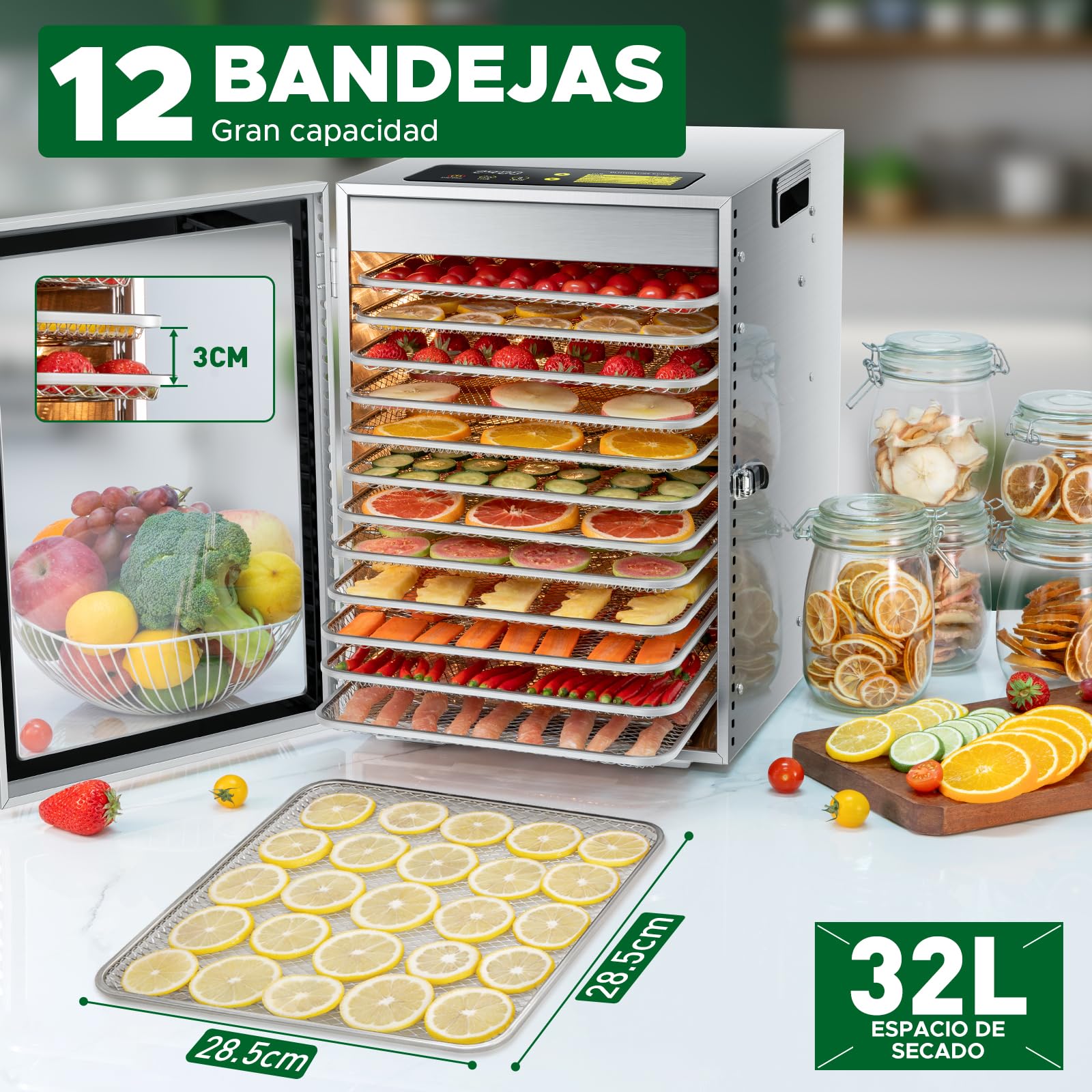 Kwasyo Deshidratador de Alimentos de Acero Inoxidable con 12 Bandejas, Secado eficiente de 360° con doble ventilador, Temporizador 24 horas, Temperatura: 30 a 90℃, deshidrata fruta, carne, verduras