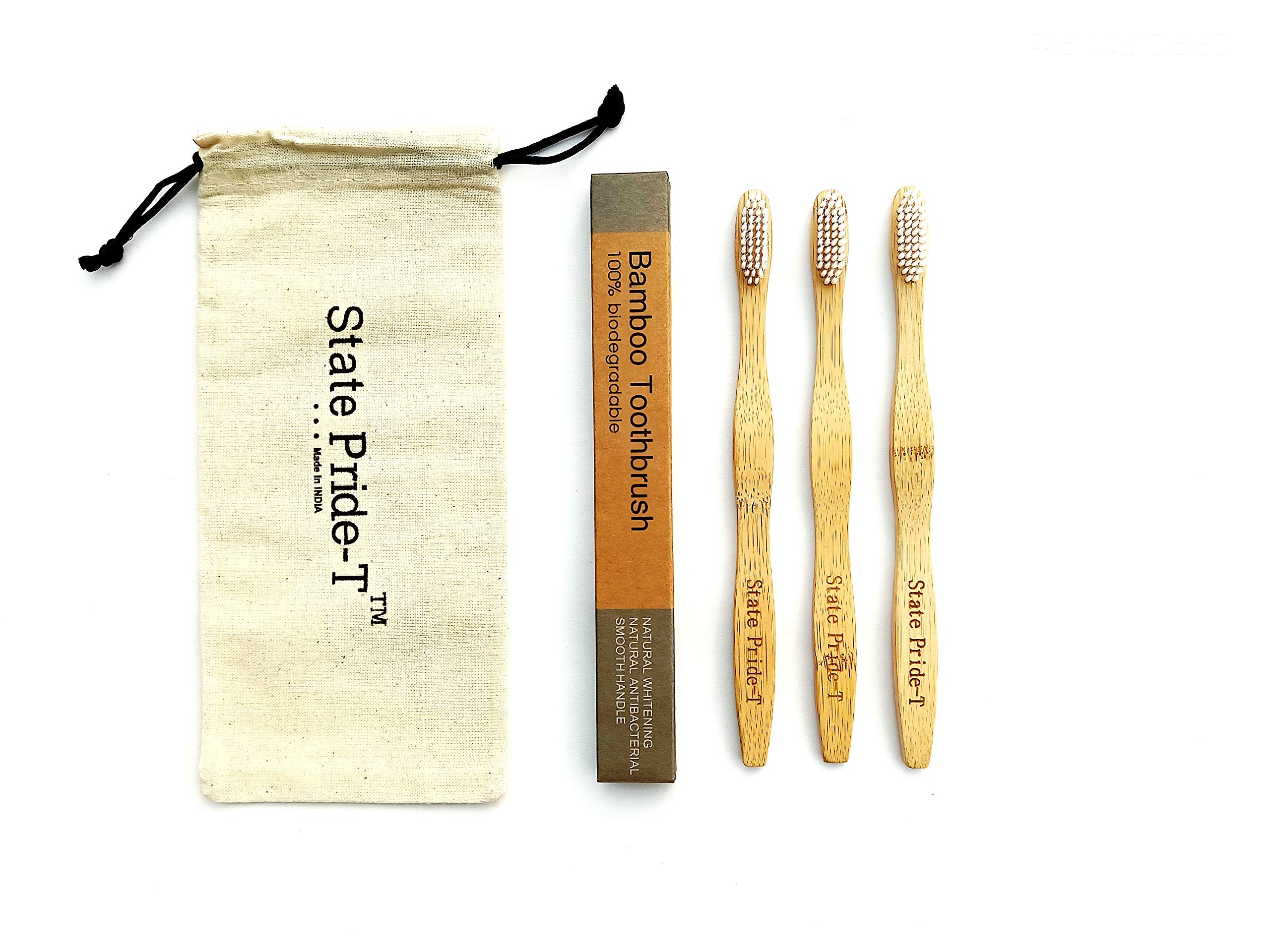 State Pride-T Biodegradable Bamboo Manual Toothbrush For Adults-Pack Of 3 |White Medium Bristles |Bpa & Plastic-Free With Free Cotton Pouch (B082MMSKDF) Amazon Price History, Amazon Price Tracker