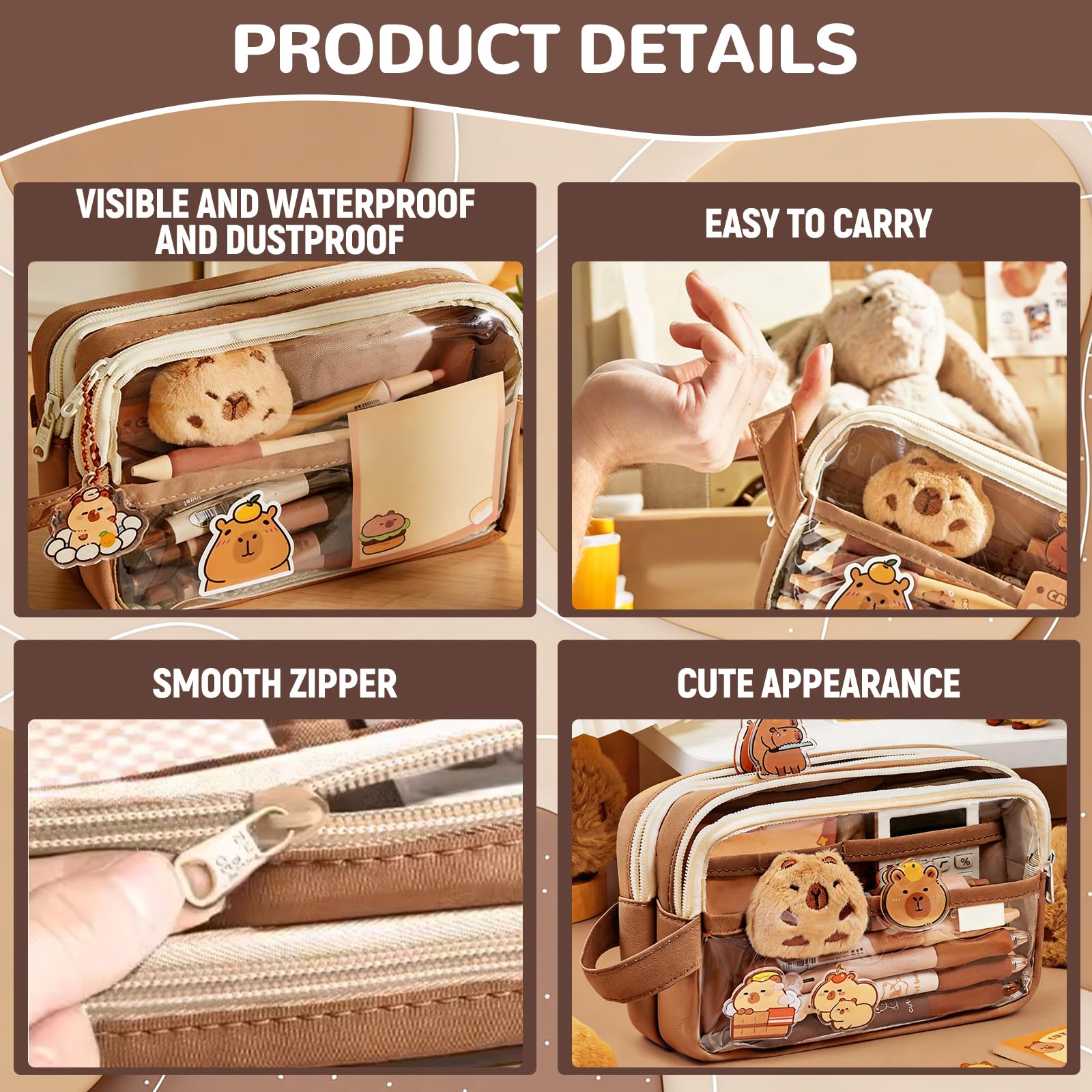 Trousse Capybara Kawaii Ensemble Papeterie avec Stylo Règle Autocollants Pins Porte-clés Blocs-Notes Grande Capacité Bureau École