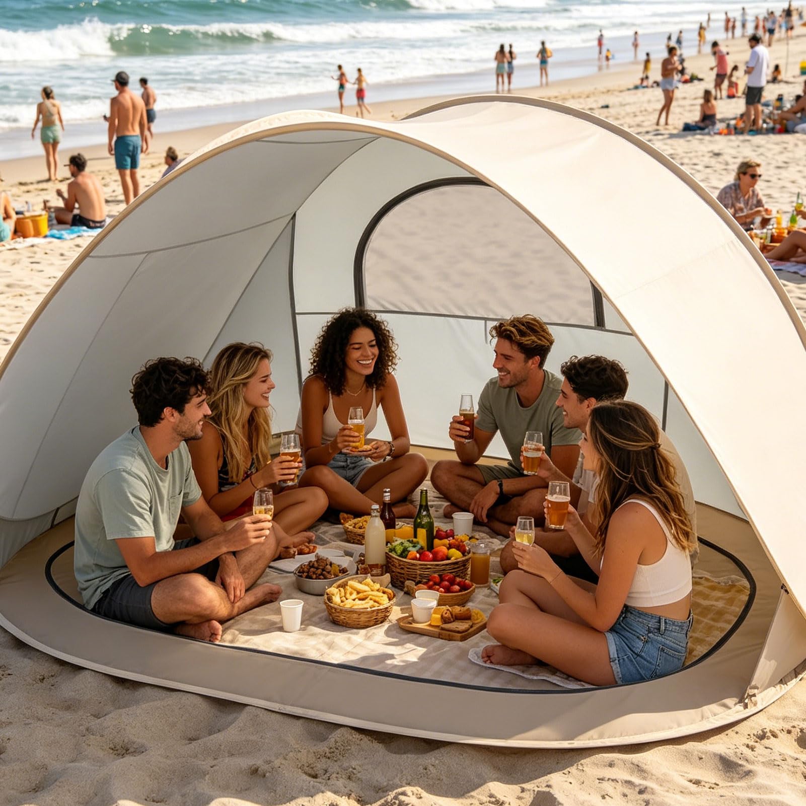 Tente de plage pop-up améliorée, tente de plage portable pour 3 à 4 personnes, fond amovible, abri de plage protection UV 50, tente de plage coupe-vent pour protection solaire, plage, jardin (beige)