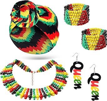 Yinkin 5 Pcs African Jewelry for Women Jamaica Costume Headband Jewelry Earrings Multicolor Beaded Jamaican Bracelet Headwraps Set Beaded Halloween Women 2025 Accessory