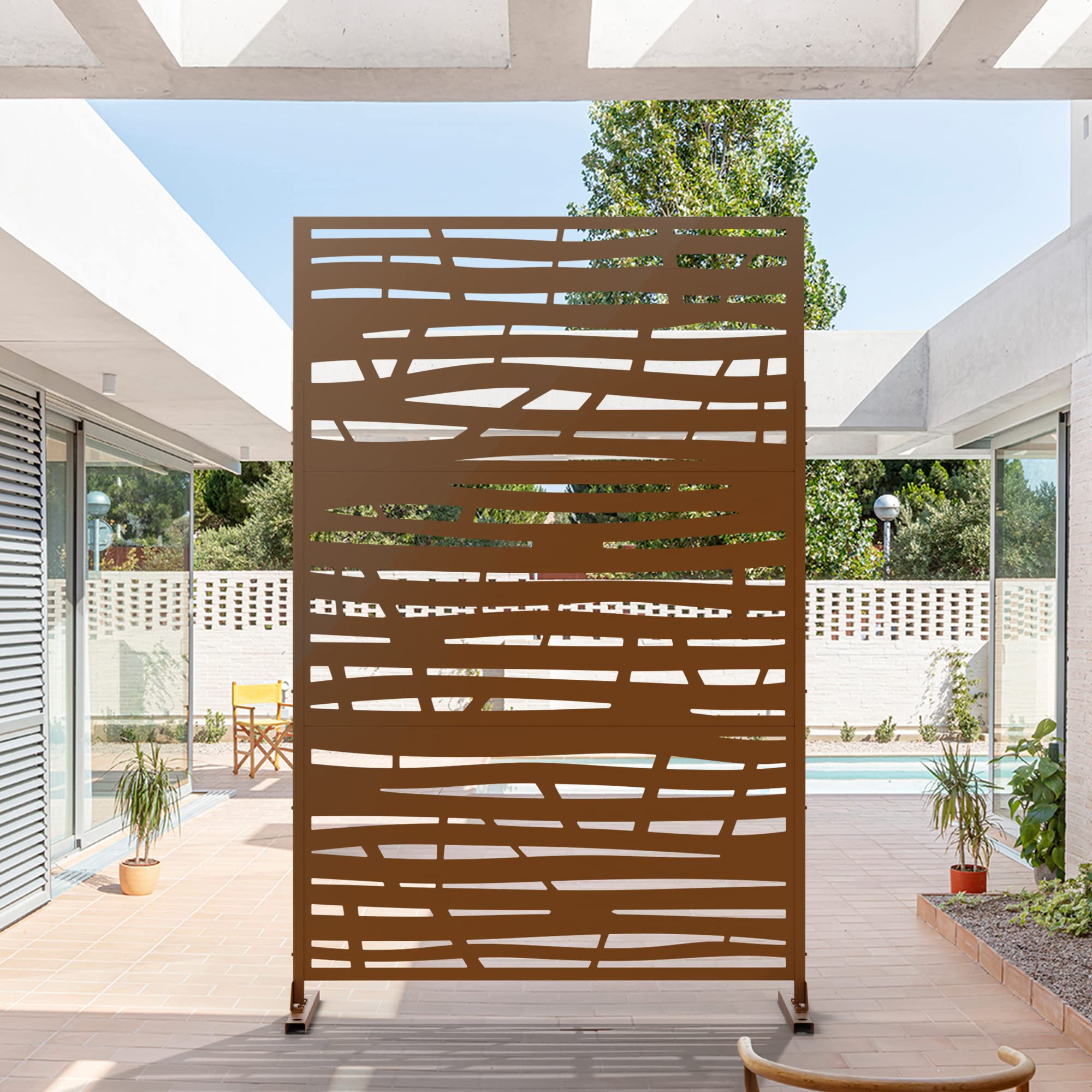 Photo 1 of Elevens Metal Outdoor Privacy Screen, Freestanding Outdoor Divider Decorative Privacy Fence Screen, Fence Panels for Balcony Patio,76" H×47" W (Line-Brown) Line(brown)