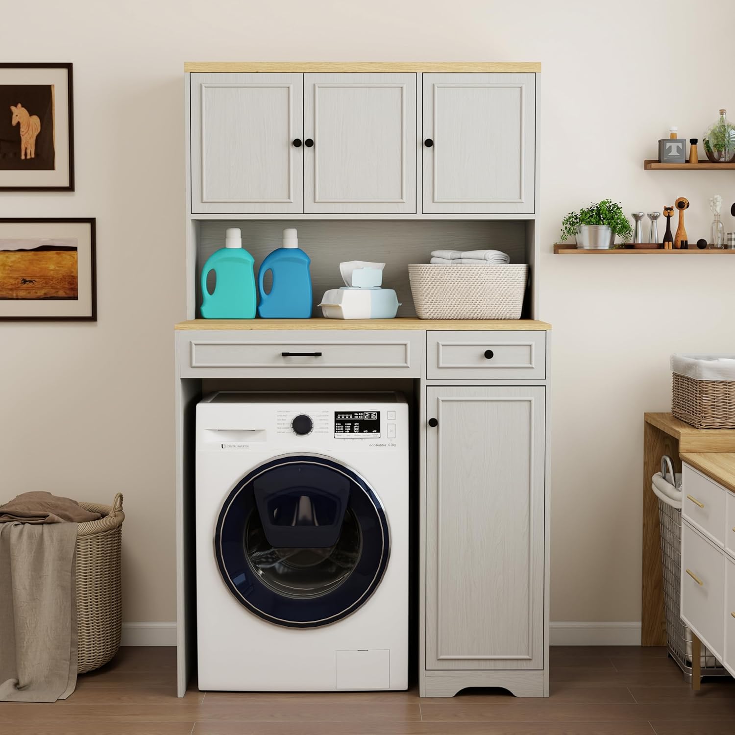 Unique Pantry Combines Robot Vacuum Cabinet and Laundry Hamper, Over The Washer or Dryer Storage Shelves, Compact Washing Machines with a Width of Less Than 27 inches
