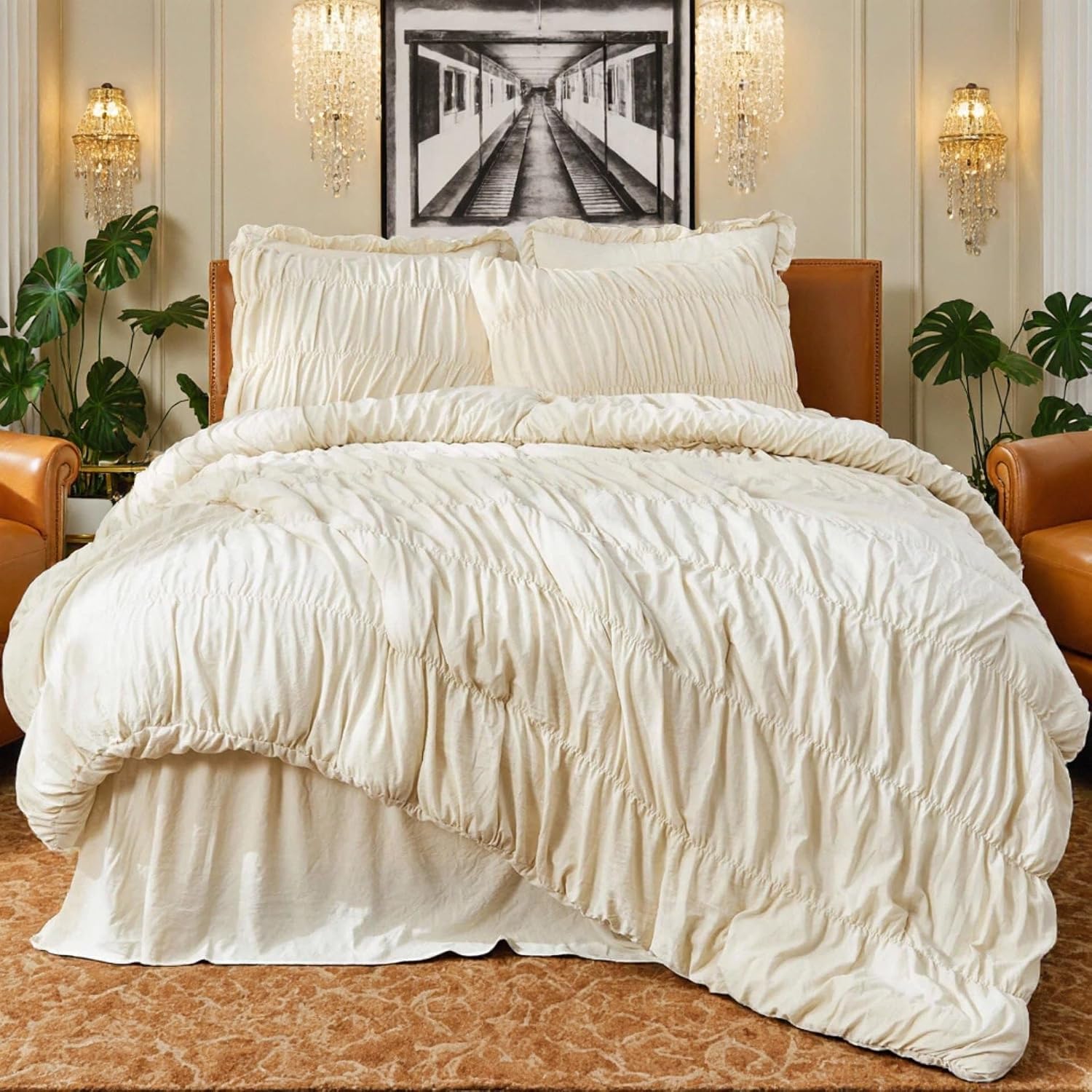 Luxury Ruched Duvet Cover Set - Soft Vintage Textured Bedding for Master Bedroom, 3-Piece Shabby Chic (Beige, Full)