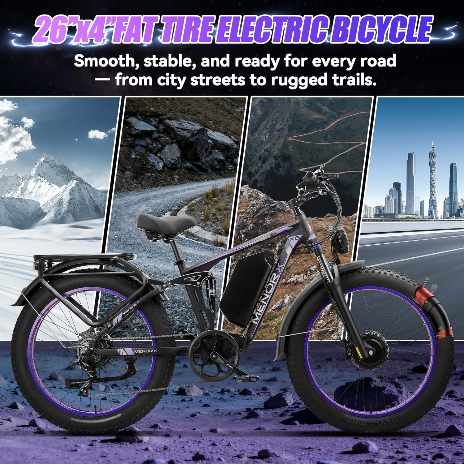 MENORX Dual Motor Electric Bike,26"x4"Fat Tire Ebike,Up to 6000W Peak,60V/25Ah Lithium Battery,Up to 46MPH &105 Miles Range E Bike, Shimano 7-Speed Transmission