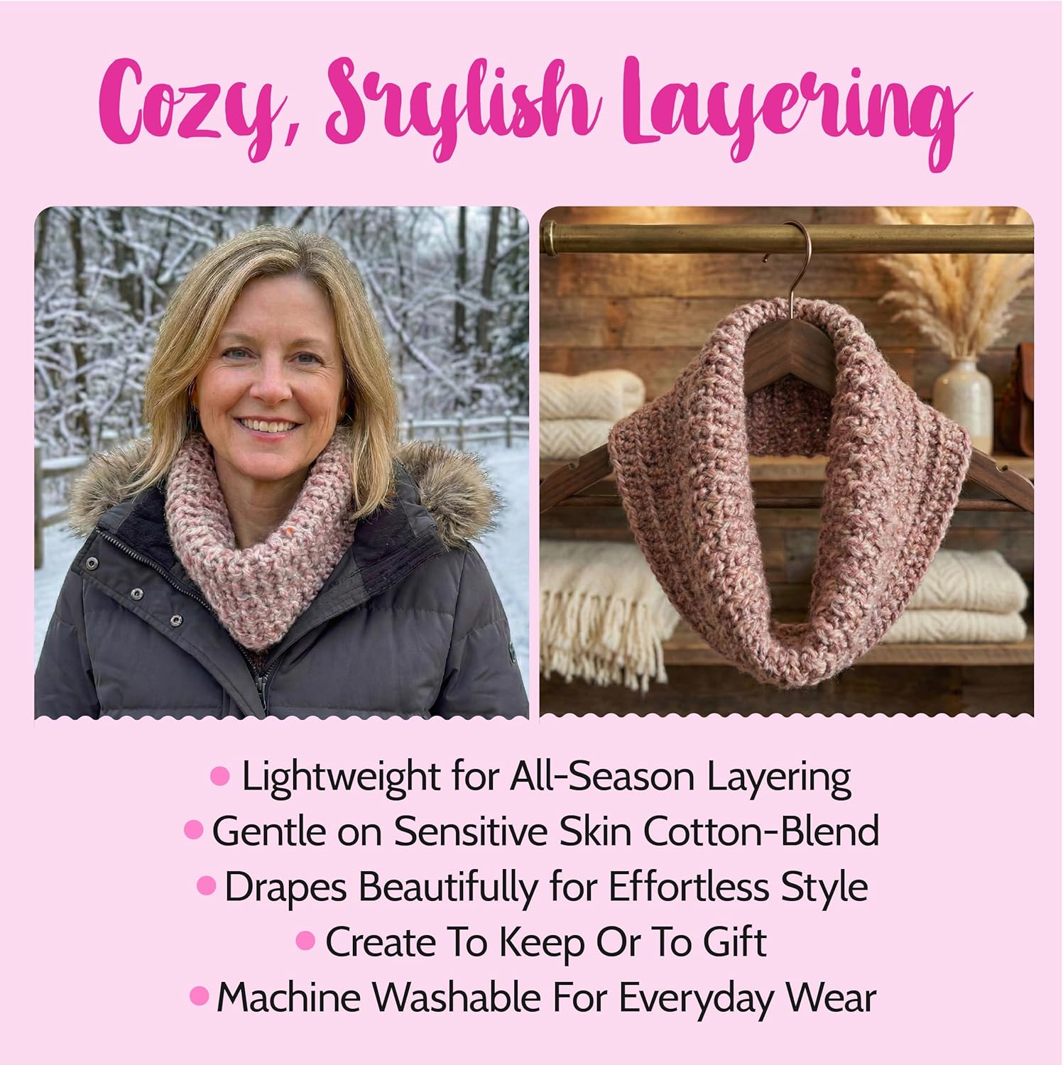 KnitPal Crochet Weekend Wrap Kit for Confident Beginners – All-in-One Crochet Kit with Cotton Blend Yarn, Hook, Pattern & Video Tutorials (Baby Pink)