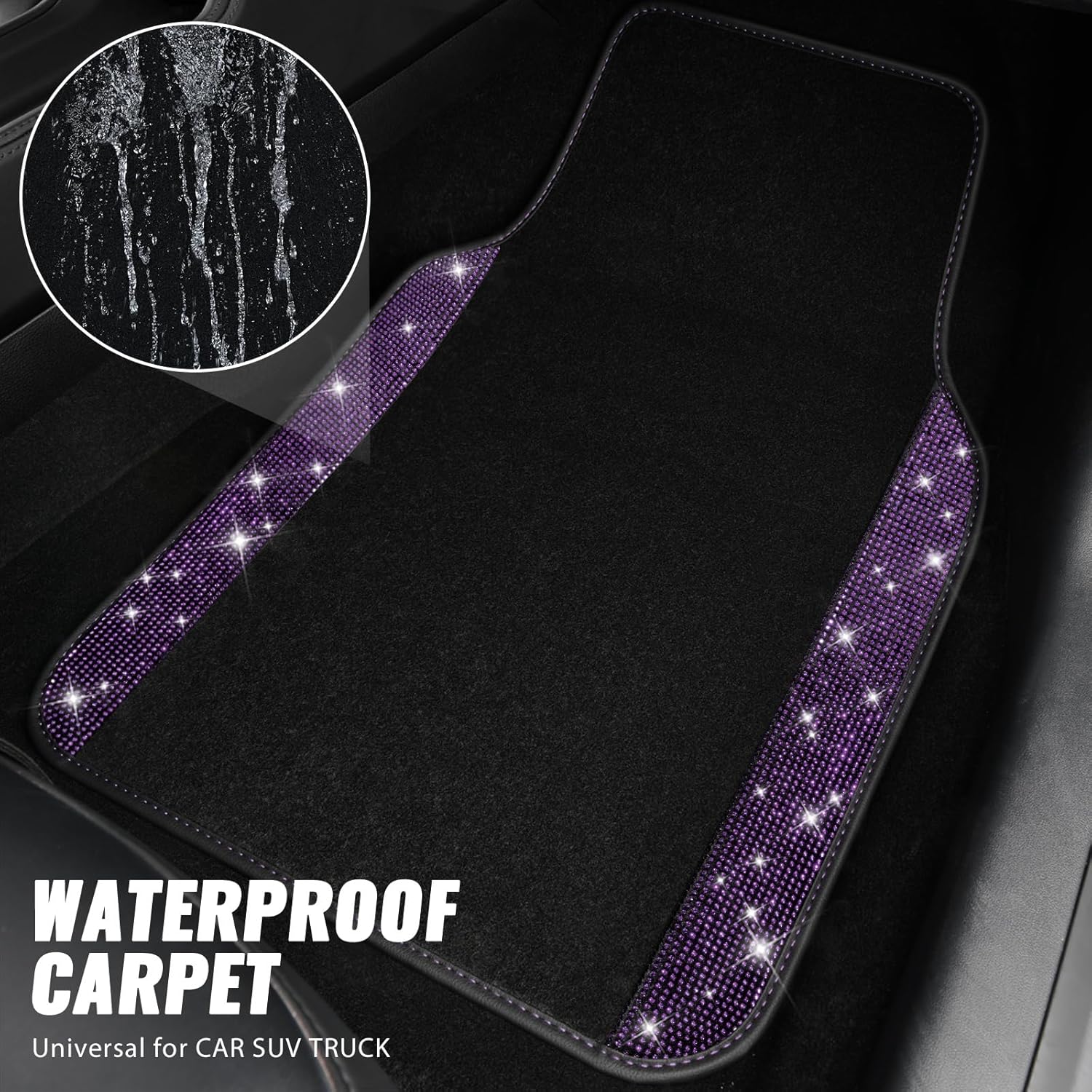CAR PASS Bling Rhinestones Diamond Car Floor Mat, Crystal Sparkly Shining Glitter Carpet, Waterproof Anti-Slip PVC Heel Pad Universal Fit Interior Set SUV,Sedan,Van,4pcs Girl Women Men Violet Purple - Image 3