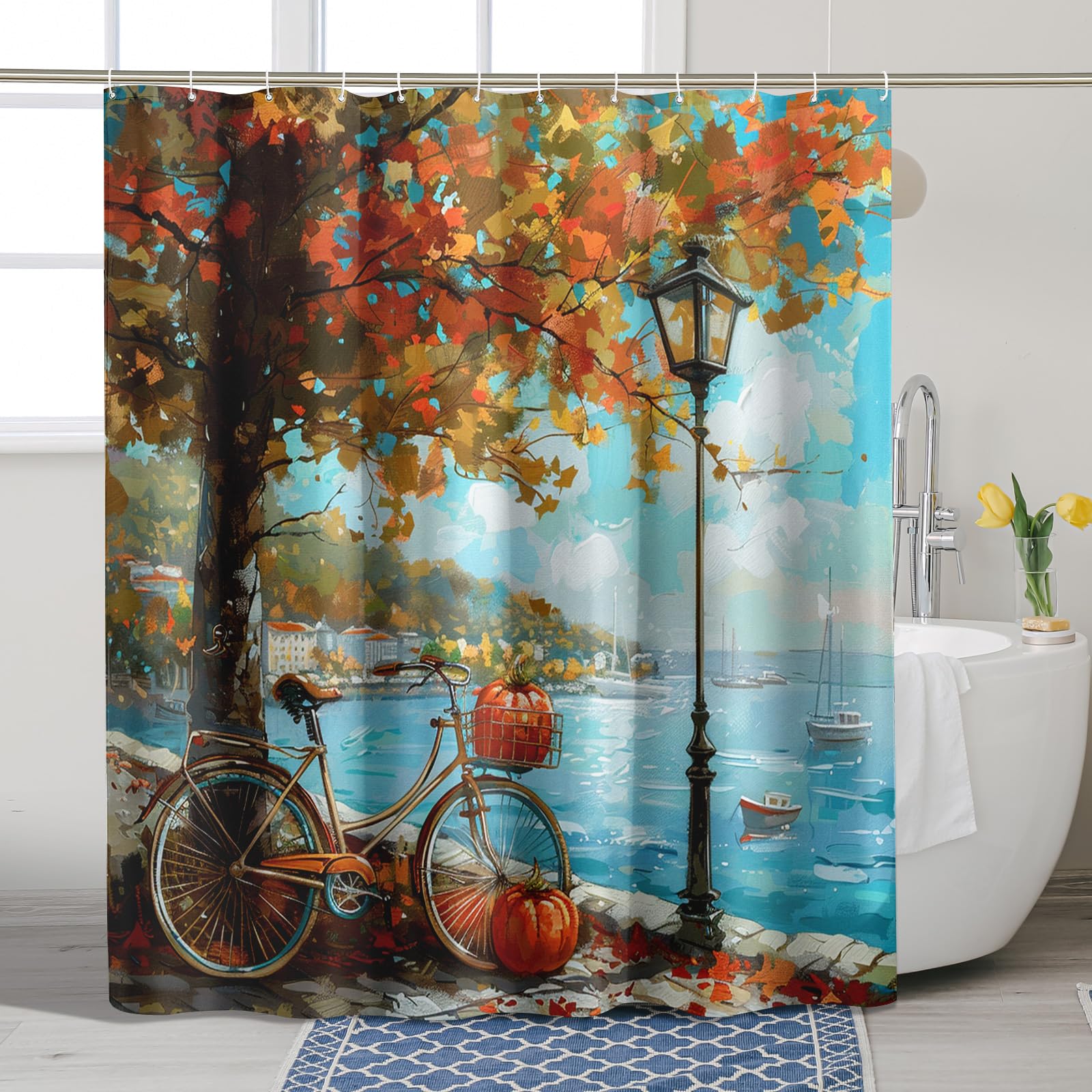 Tenda Doccia Autunno 182x182 Cm - Stampa Zucca E Foglie Di Eucalipto - Tessuto Impermeabile Con 12 Ganci - Decorazione Bagno Ringraziamento