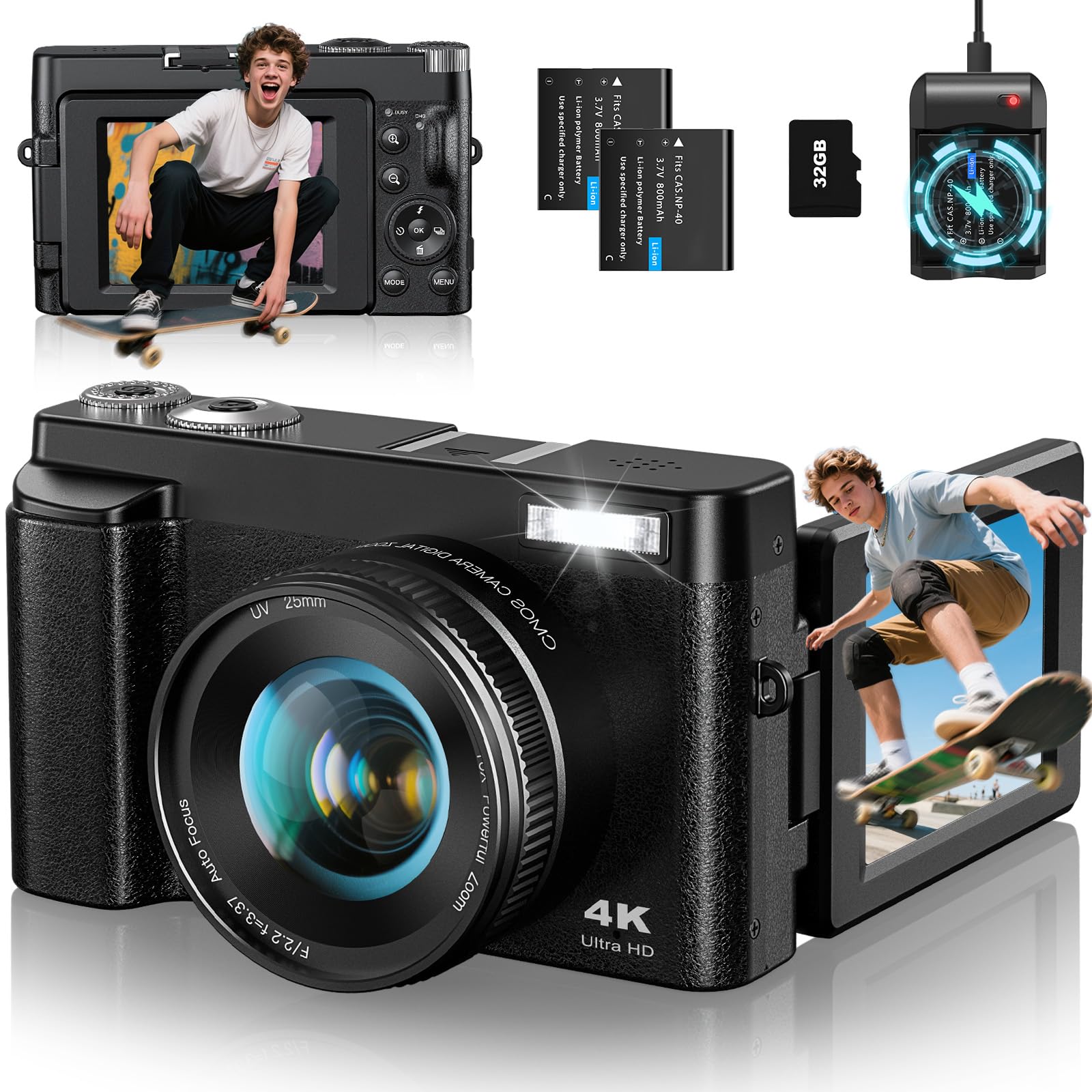 CAMKORY Cámara Digital 4K de 48 MP, cámara compacta, Enfoque automático con Pantalla Flip de 180°, Zoom Digital de 16X, cámara compacta con Tarjeta de 32 GB, 2 Pilas para Principiantes