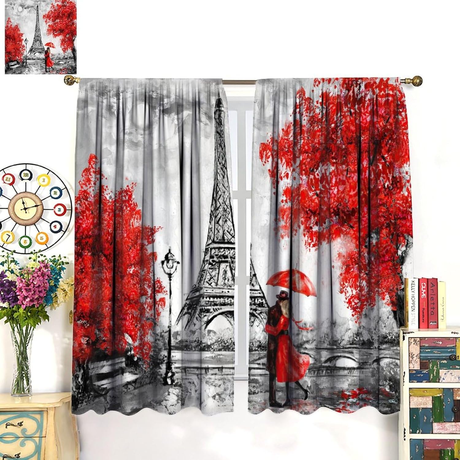 Paris Eiffel Tower Blackout Curtains, Oil Painting Art European Cityscape Eiffel Tower Red Trees Couple Under Umbrella On Street, for Bedroom Living Room 21(W)*45(L) 2 Panels