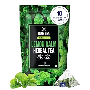 BLUE TEA - Lemon Balm Tea - 10 Count - Plant Based Tea Bag | RELIEVES STRESS - IMPROVES DIGESTION | Reduces Bloating | Refreshing Citrus Flavour - Leaf Based - Caffeine Free | Ziplock Pouch