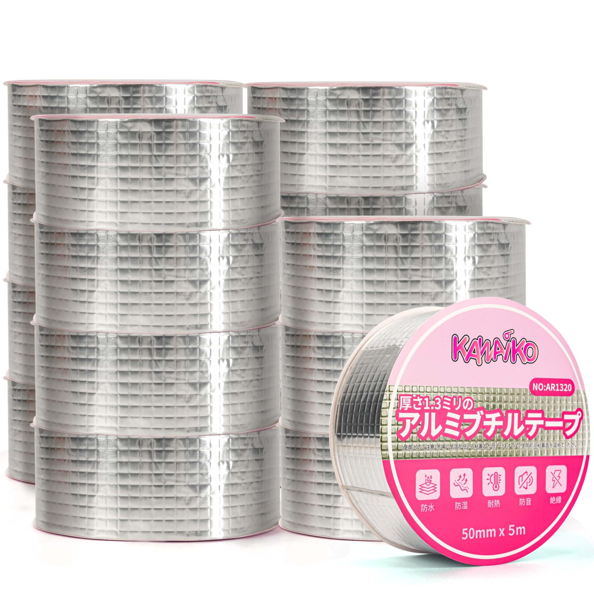 KAWAIKO 超厚手 ブチル防水テープ 50mm x 5m 厚さ51mil (1.3mm) アルミブチルシーリングテープ 屋根・RV・ボート・配管・金属・ガラス・EPDMルーフの雨漏り補修に 粘着性・耐候性・UV耐性 16ロール