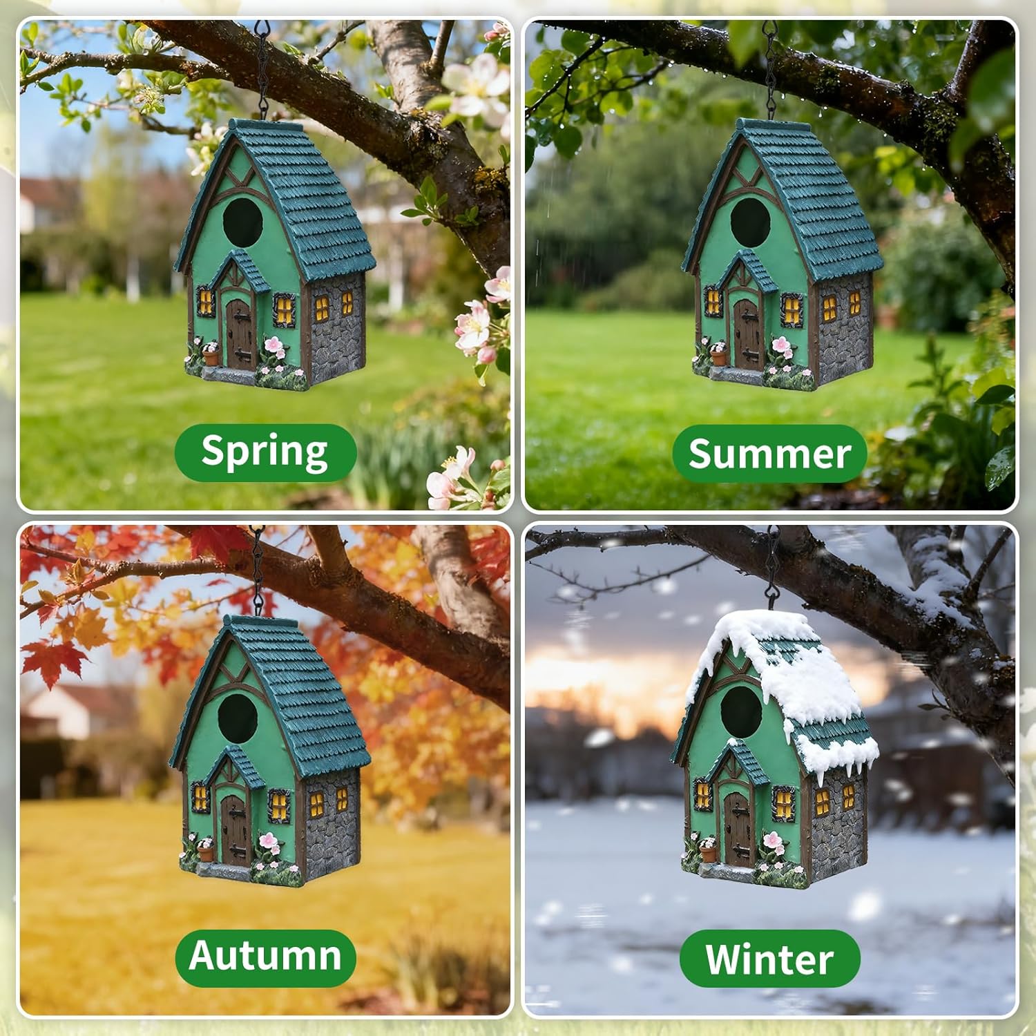 Bird Houses for Outside Green Cottage Resin Birdhouse, Garden Outdoor Decor Bird House with Flower and Stone Details, Birdhouses for Outdoors for Bluebird Finches Cardinals
