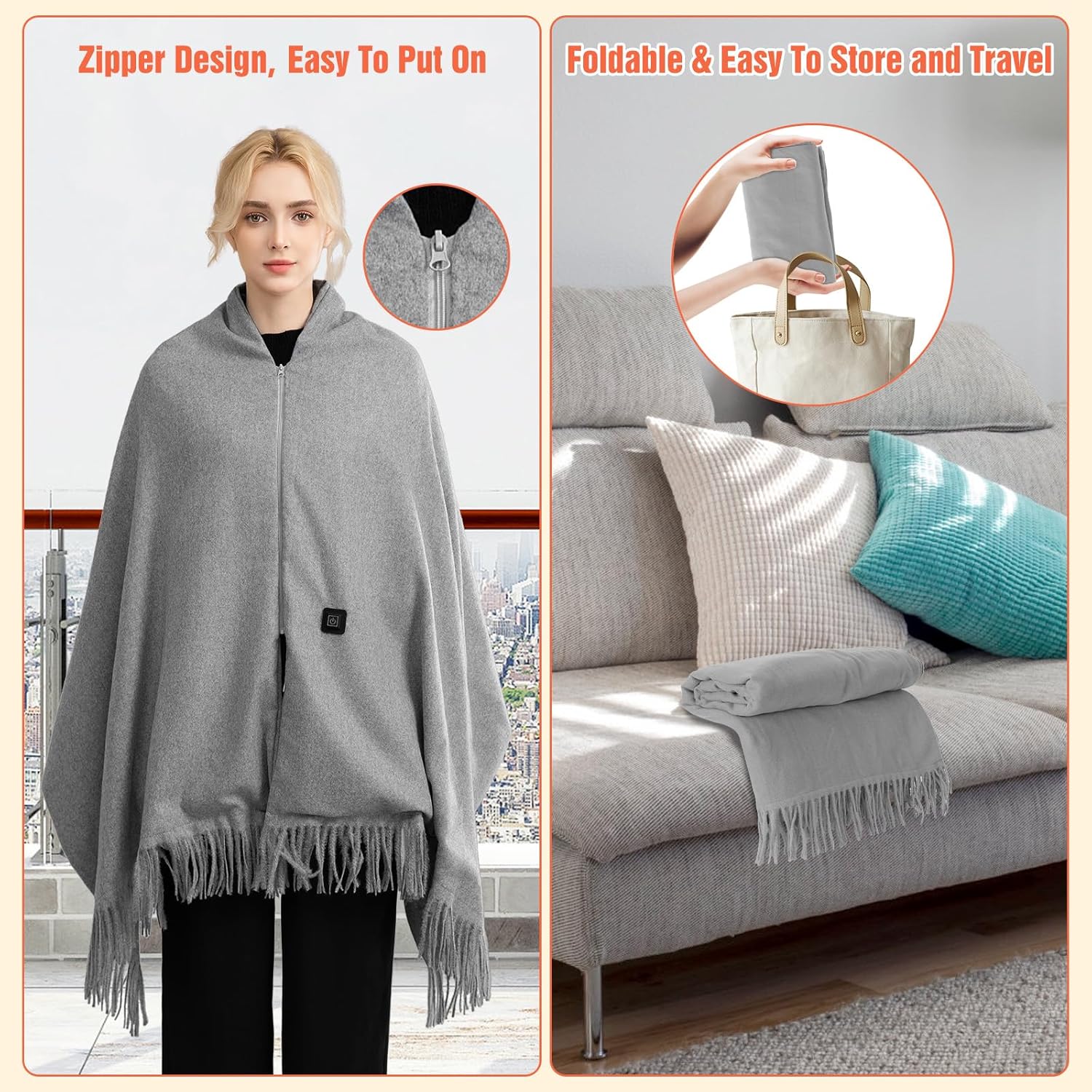 USB Heated Blanket Throw, Portable Wearable Electric Heating Blanket Shawl with Zipper 3 Heating Levels 8 Heating Zones, Washable for Outdoor Home Office