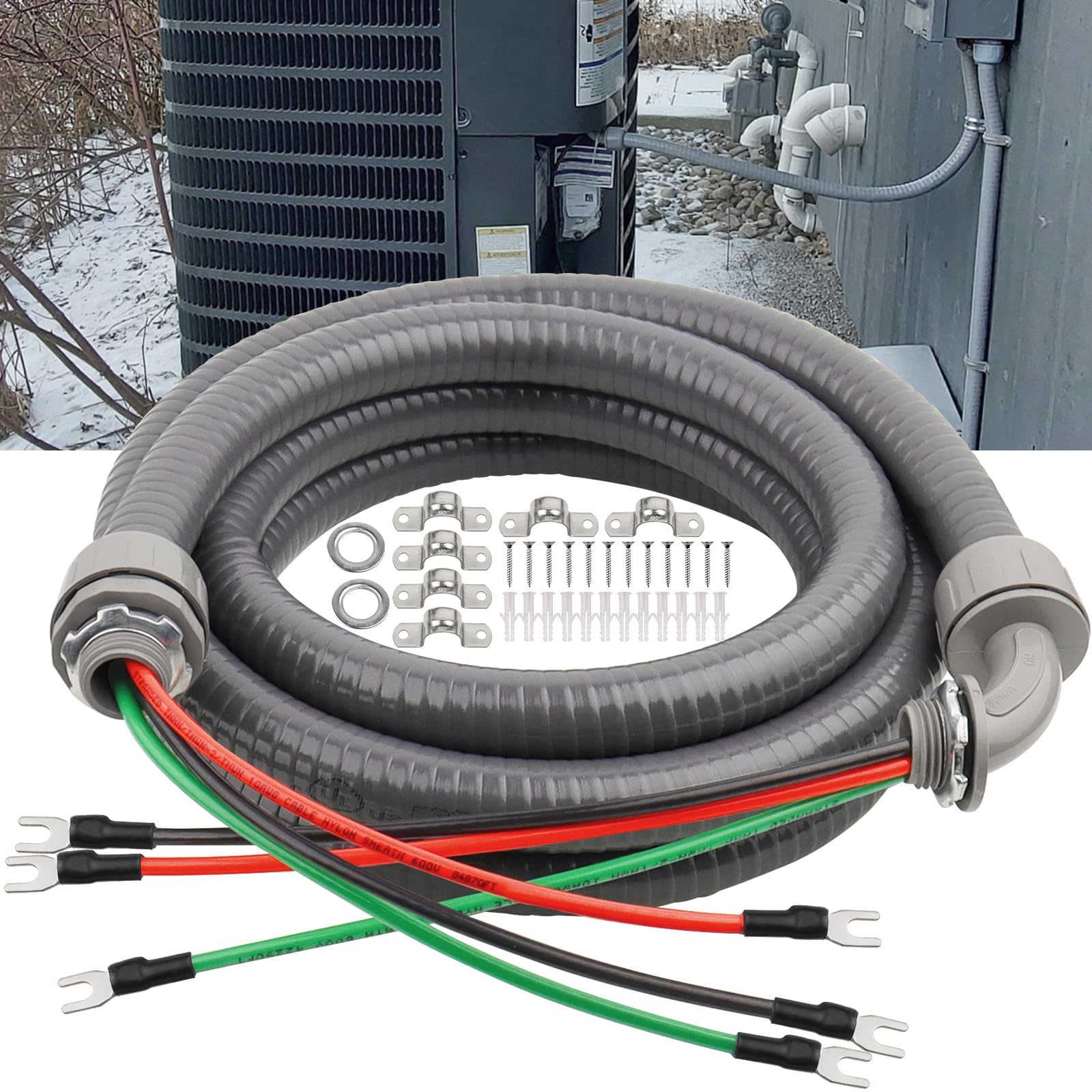 1/2Inch Power Whips Assembly, 12FT Nonmetallic Liquid Tight Flexible Conduit Wire with 3 Conductors 10 Gauge THHN Electrical Wires, A/C Hook-up Whip Kit Electrical Wire(12FTx1/2Inch)