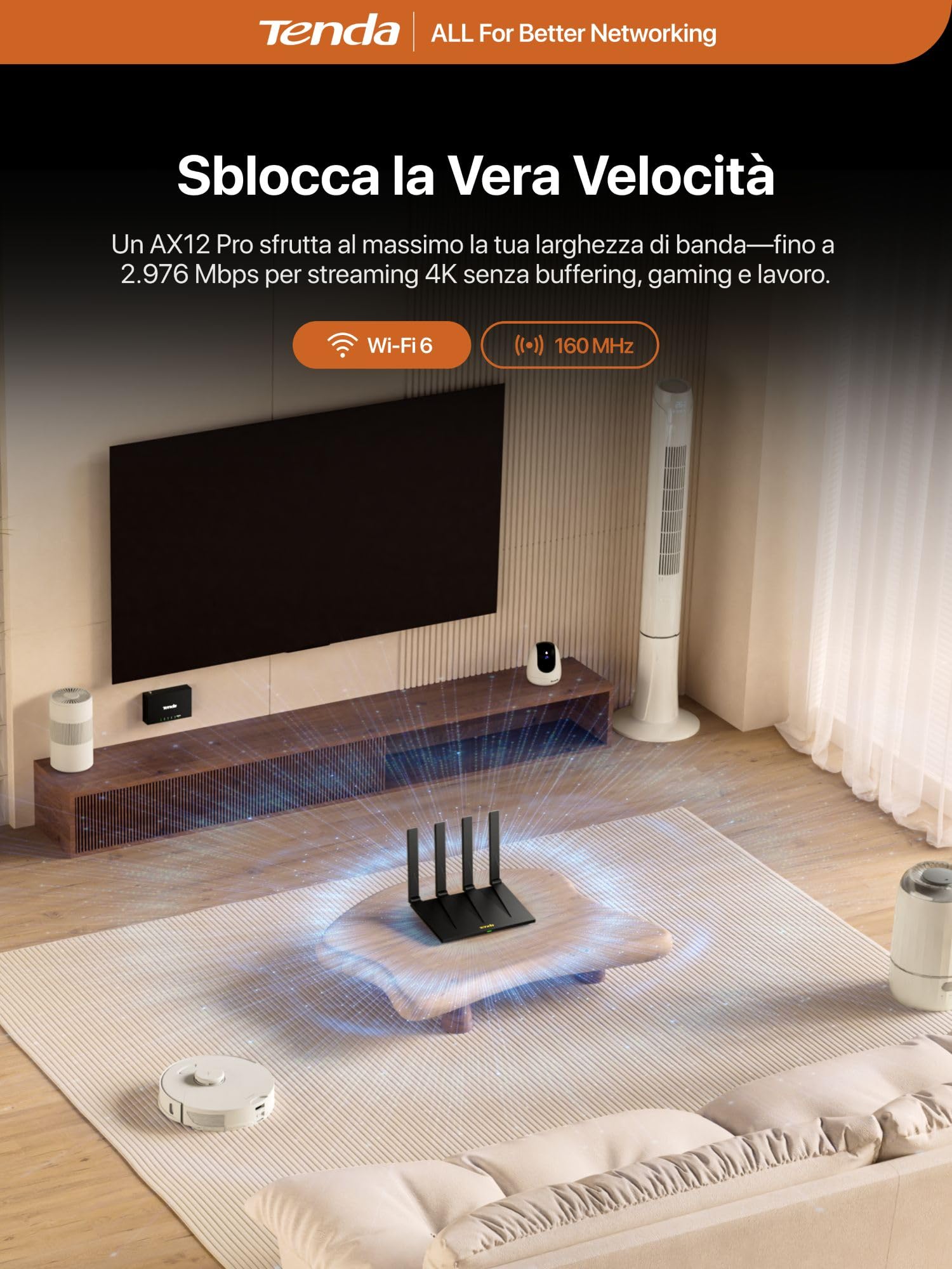 Tenda Router WiFi 6 AX3000 Dual Band Gigabit AX12 Pro, 5GHz: 2402Mbps + 2.4GHz: 574Mbps, 4 Porte Gigabit, EasyMesh, Controllo Parentale, MU-MIMO, OFDMA, VPN, Beamforming, NFC