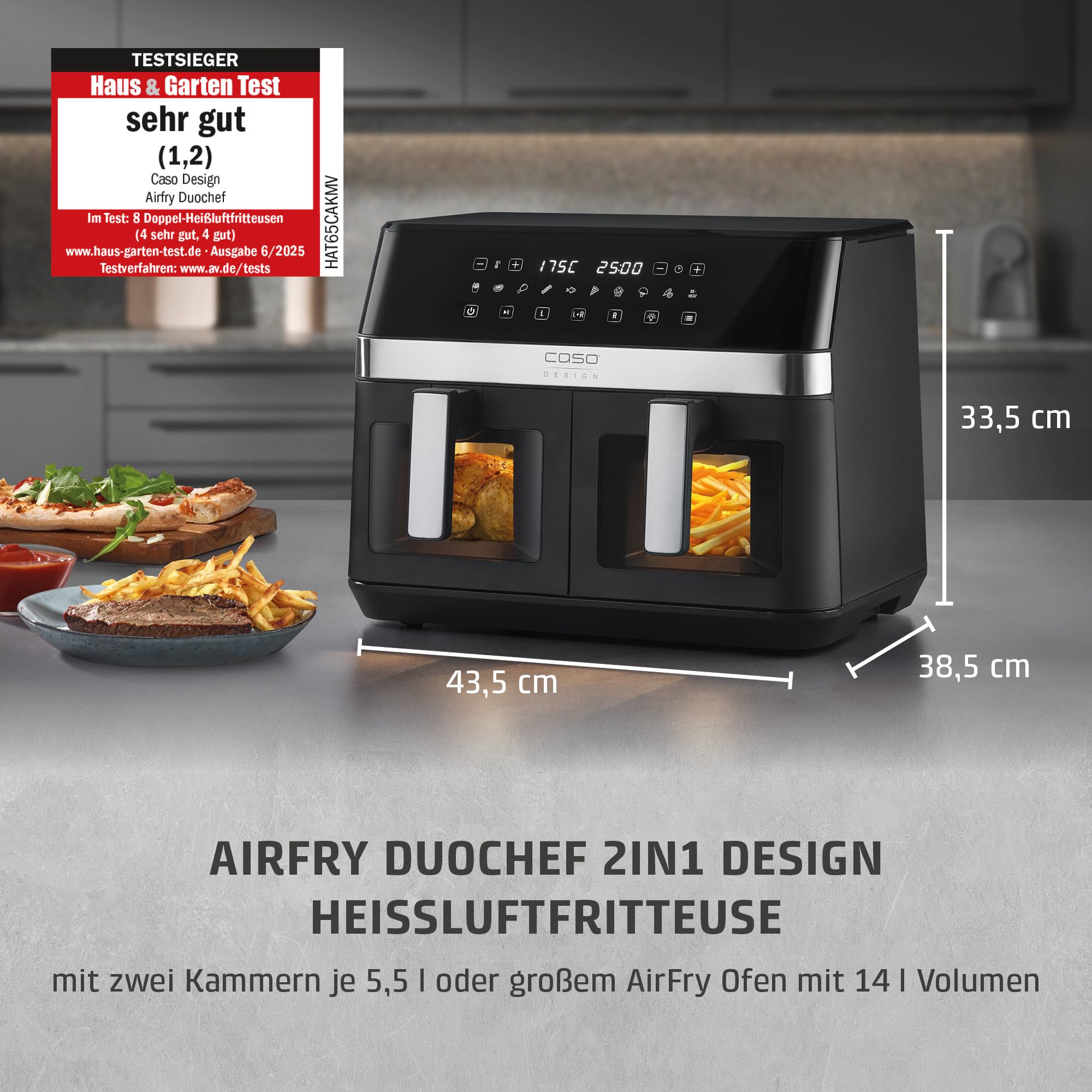 CASO AirFry DuoChef -Heißluftfritteuse mit 2 Kammern, 14L Volumen, nahezu fettfrei, 10 Programme, 50-200°C, Timer, LED-Anzeige, Sichtfenster, SHAKE-Reminder, spülmaschinengeeignet