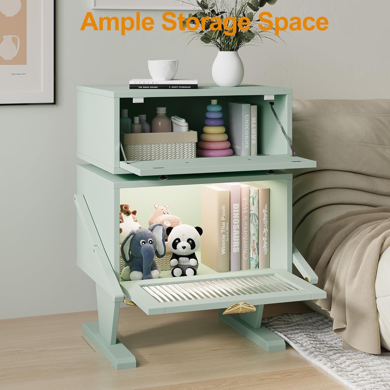 RoyalCraft Large Nightstand with LED Lights, Green End Table with 360°Rotating Drawer, Modern Bedside Table with Storage, Wood Night Stand for Bedroom, Home Office, Green