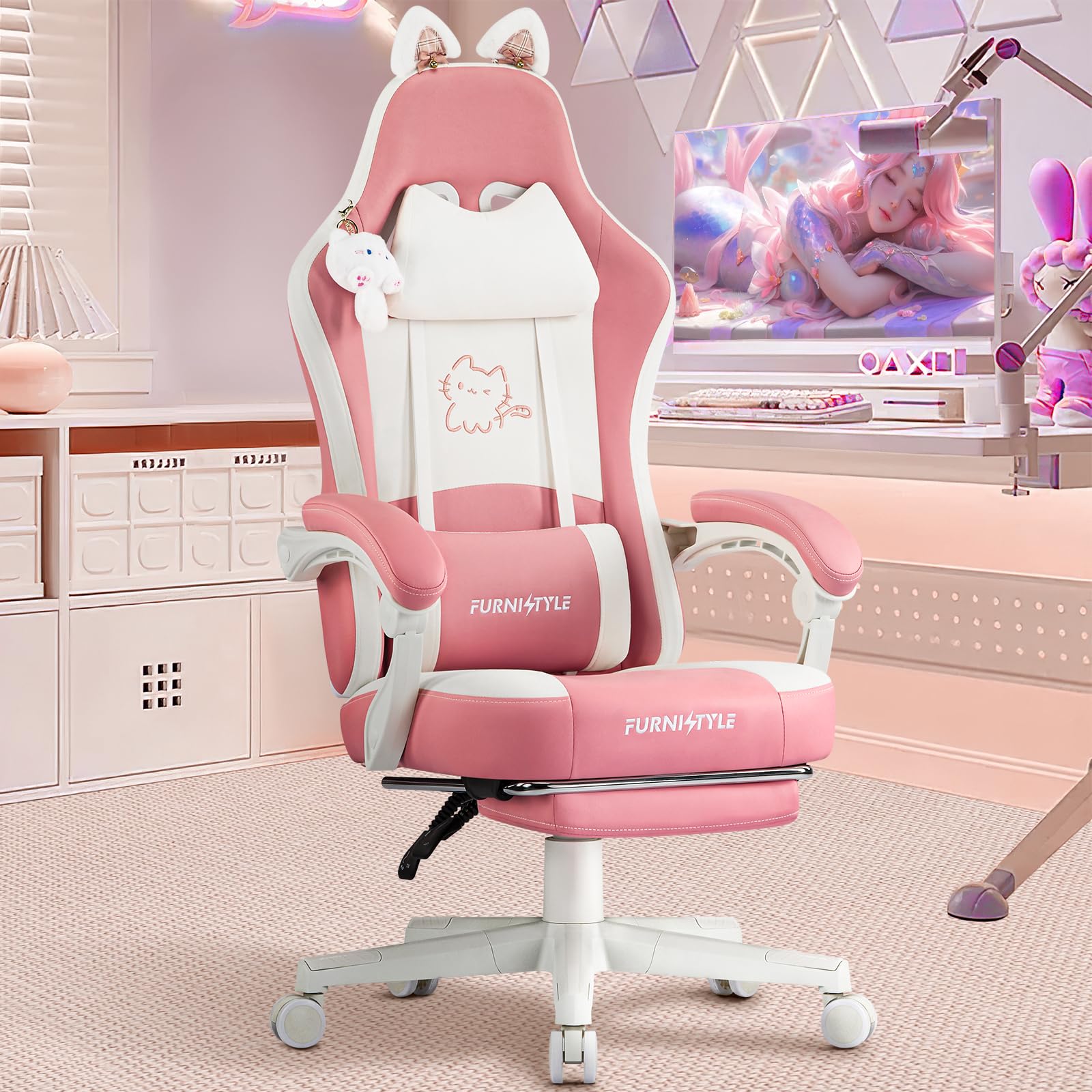 Hellove Silla Gaming con Orejas de Gato Silla Gamer Reclinable 135°- Silla de Oficina Ergonómica con Reposapiés Retráctil Soporte Lumbar y Reposacabezas para Niñas Adolescentes Niños Rosa y Blanco