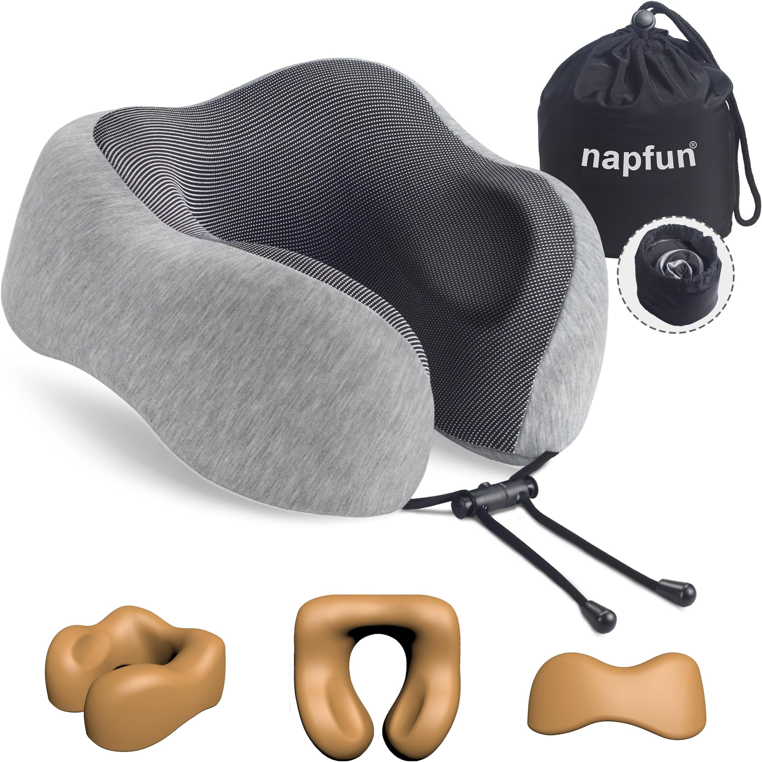napfun Neck Pillow for Traveling, Upgraded Travel Neck Pillow for Airplane 100% Pure Memory Foam Travel Pillow for Flight Headrest Sleep, Portable Plane Accessories, Light Grey