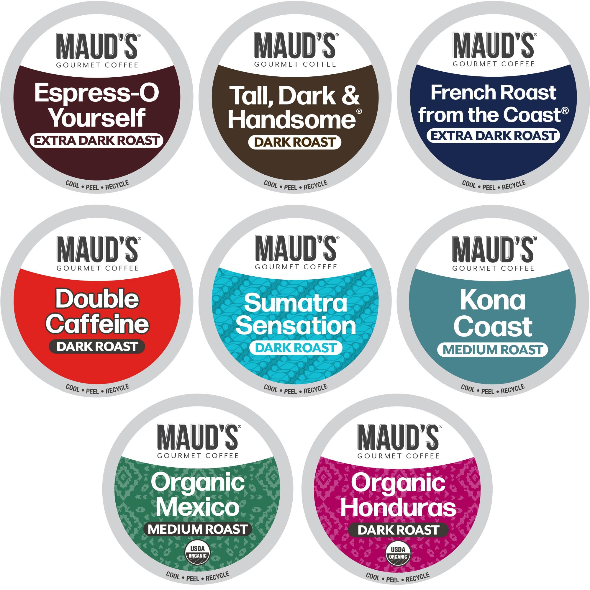 Maud's Bold Dark Roast Coffee Pods Variety Pack, 40 ct, 8 Assorted Dark Roast Flavors in Recyclable Single Serve Pods – 100% Arabica Coffee, Compatible with Keurig K Cups Maker