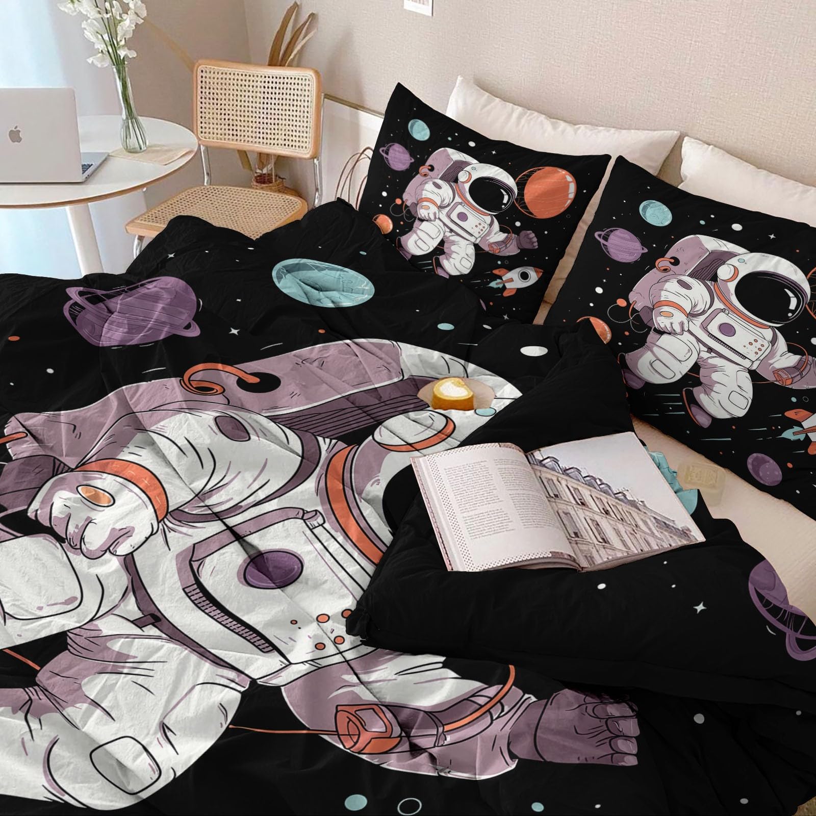 Nowoczesna poszewka na kołdrę z kreskówki, fantazyjna, planeta, rakieta, astronauta, dwustronna, mikrofibra, poszewka na kołdrę, pojedynczy zestaw, przytulna, miękka, hipoalergiczna, nie wymaga
