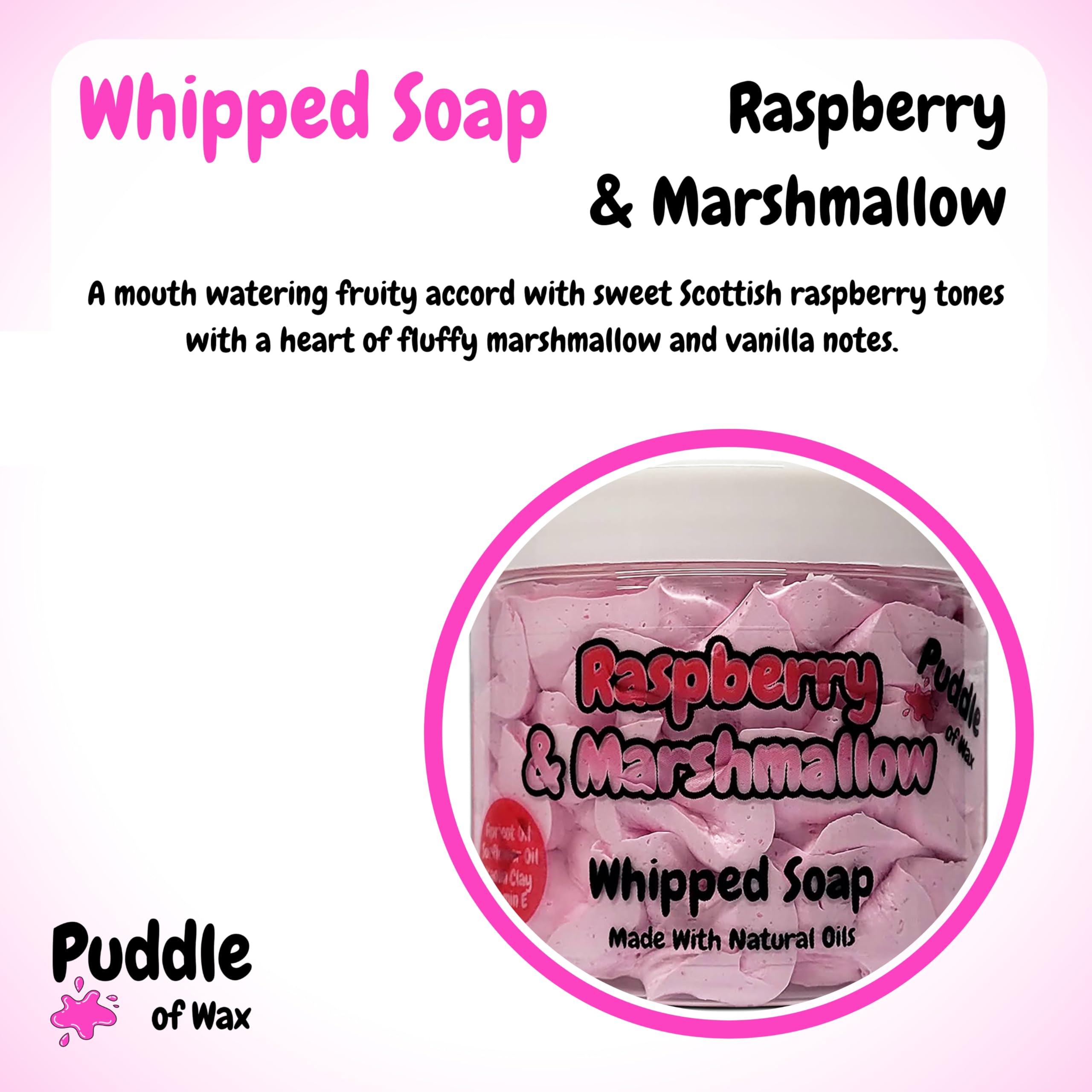 Raspberry & Marshmallow Whipped Soap Body Wash, 150g, Natural Oils & Kaolin Clay, Fruity Scent, Vegan Friendly, Puddle of Wax - Image 2