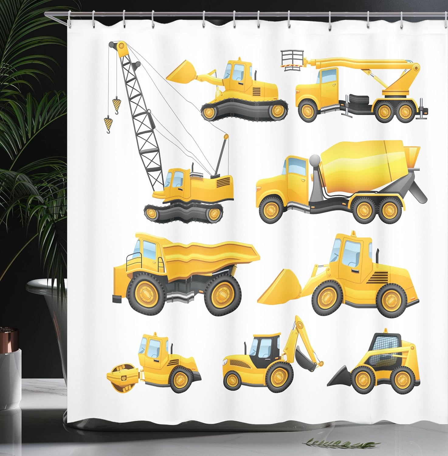 Ambesonne Cartoon Shower Curtain, Abstract Images of Construction Vehicles Machinery Trucks Bulldozer Crane, Cloth Fabric Bathroom Decor Set with Hooks, 69" W x 75" L, Earth Yellow Black