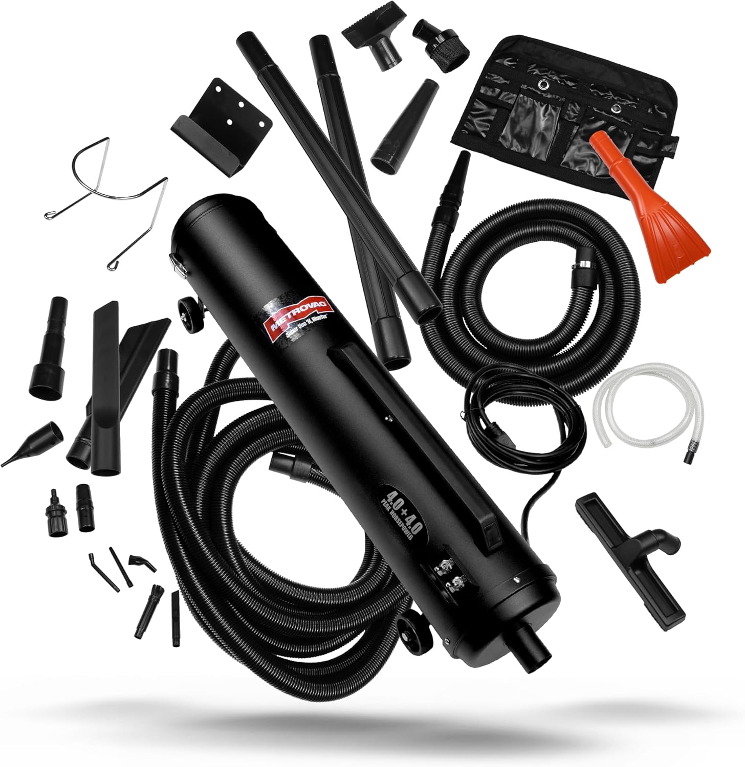 All components included with the MetroVac Super Vac N Blaster vacuum and blower, laid out on a white background.