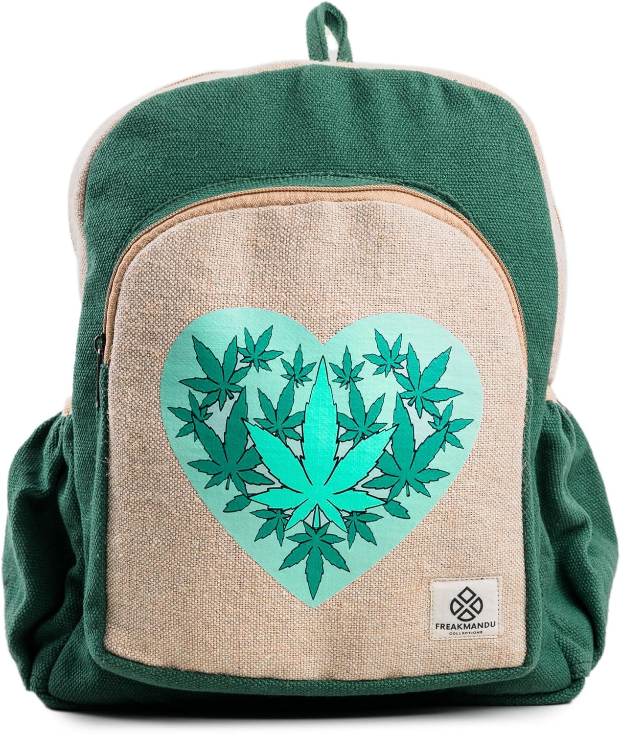 Ganja Heart Hemp Backpack Bag - Eco Friendly Hippie Yak Design Durable Functional Traveling Hiking Friendly Casual Daypack Bag by Freakmandu