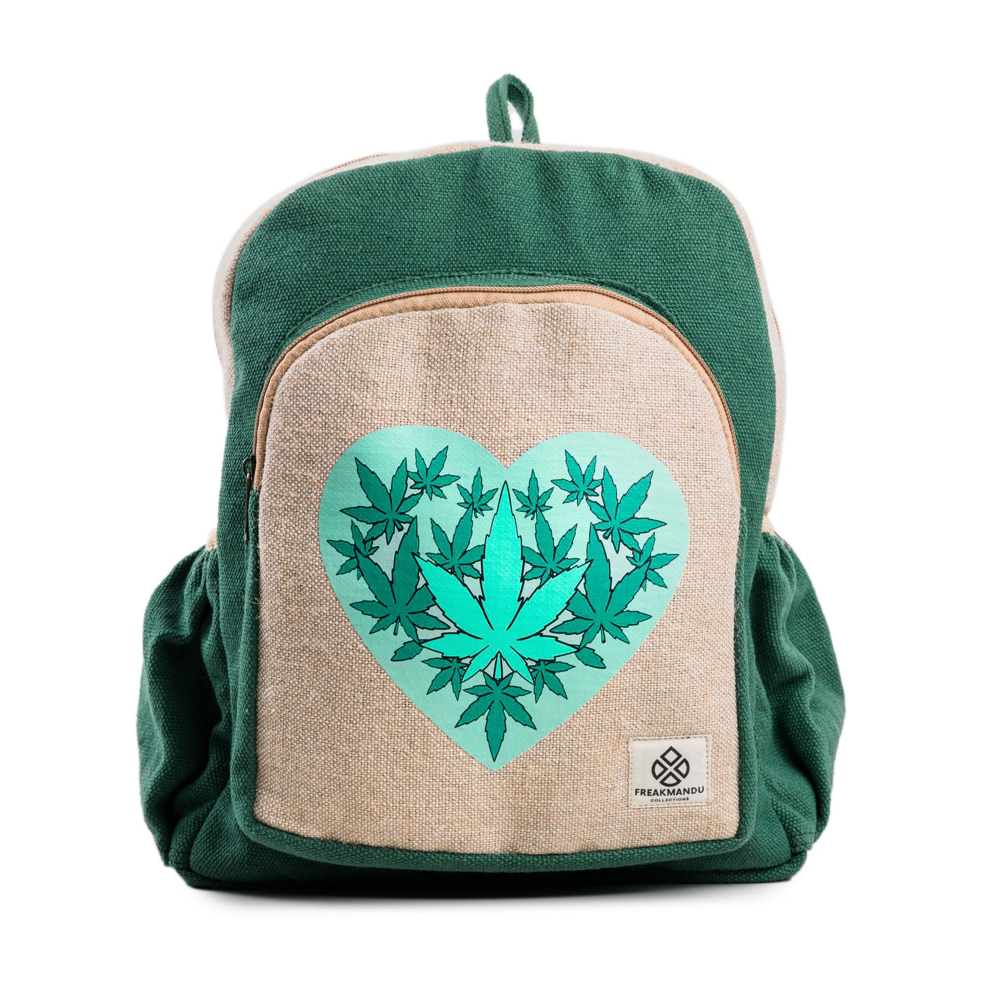 Ganja Heart Hemp Backpack Bag - Eco Friendly Hippie Yak Design Durable Functional Traveling Hiking Friendly Casual Daypack Bag by Freakmandu